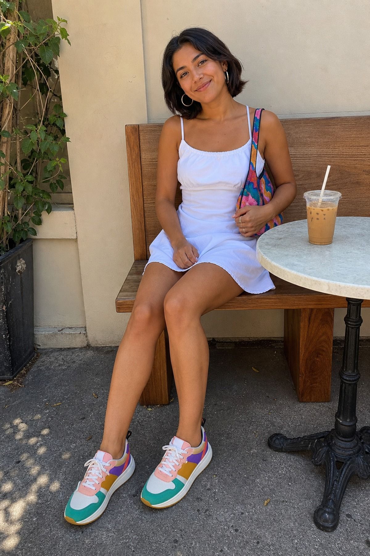 Woman wearing a white dress with colorful sneakers