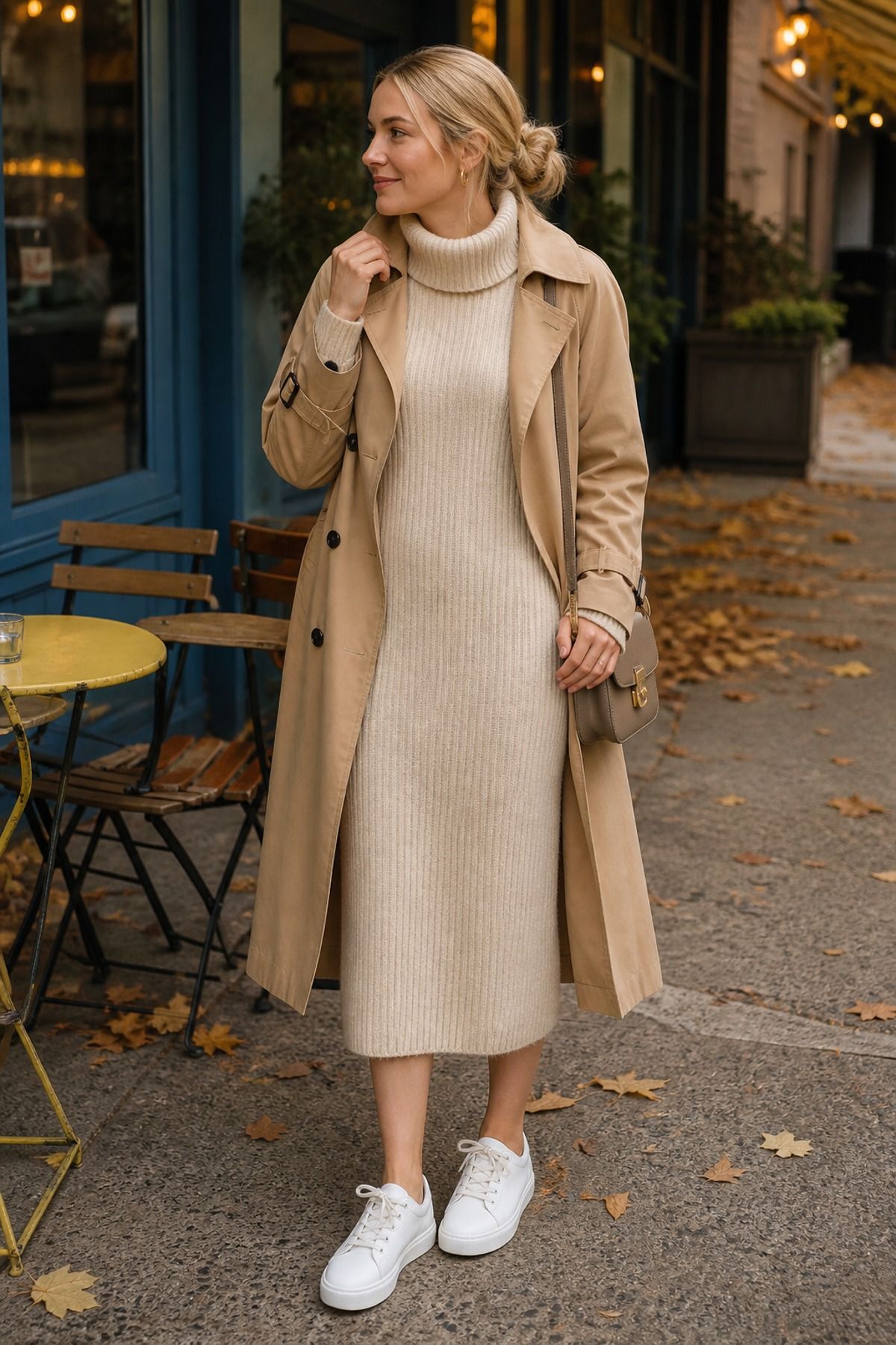 Woman wearing a sweater dress with leather sneakers