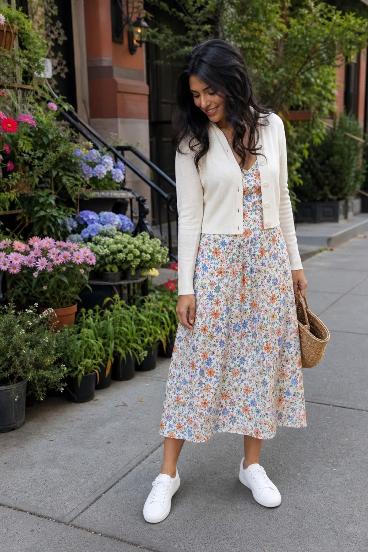 Woman wearing a floral dress with white sneakers