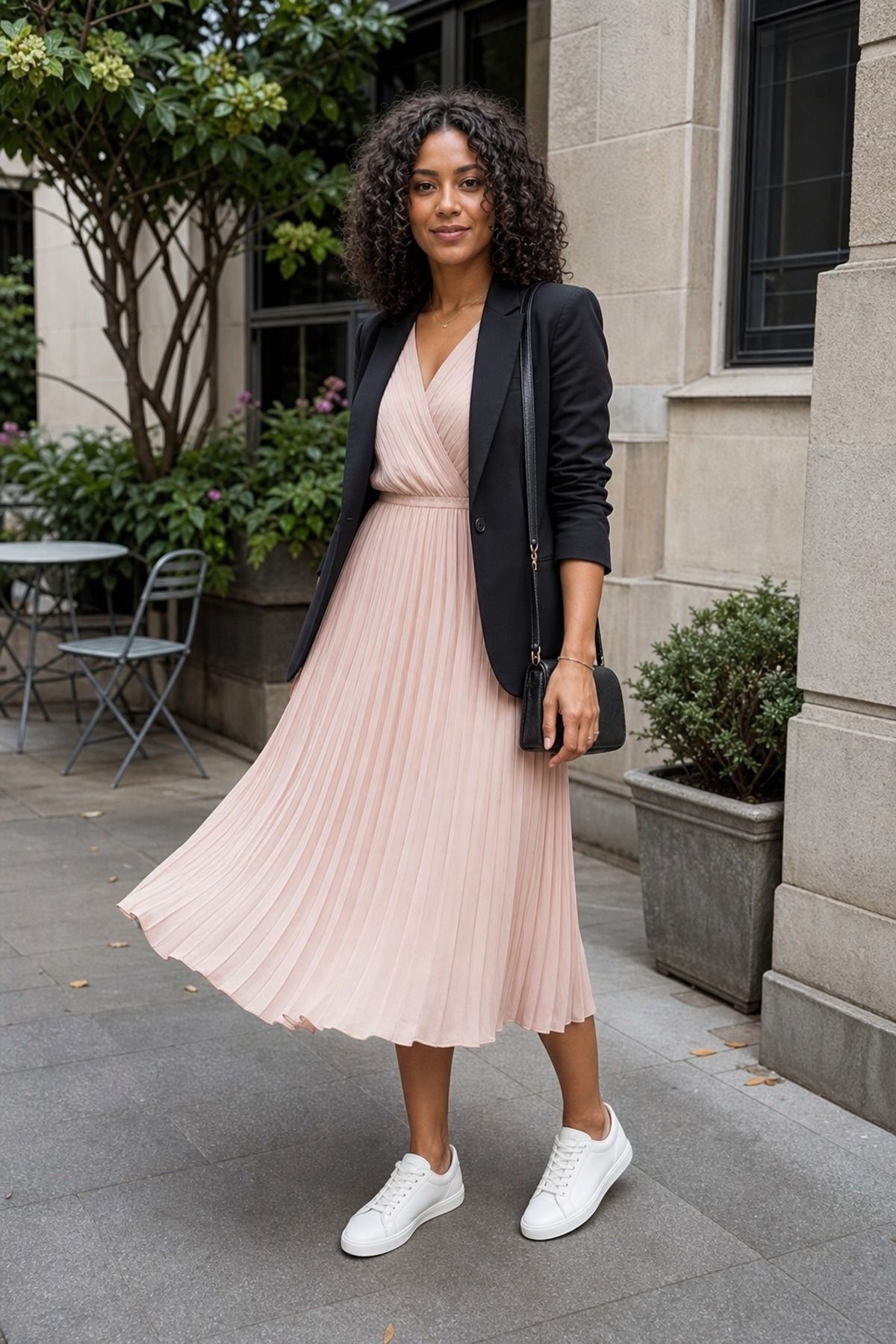 Woman wearing a pleated dress with minimal sneakers