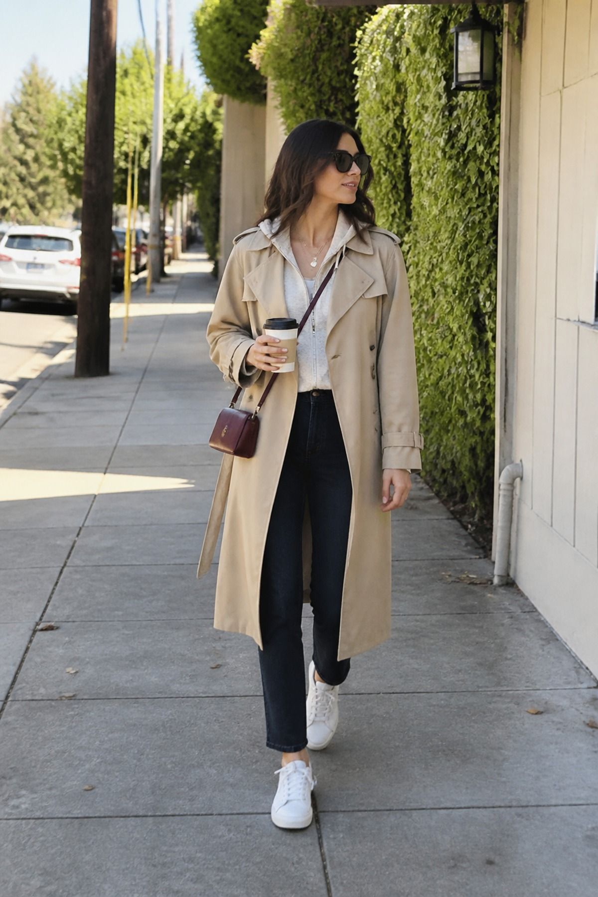 Woman wearing a zip hoodie under a trench coat