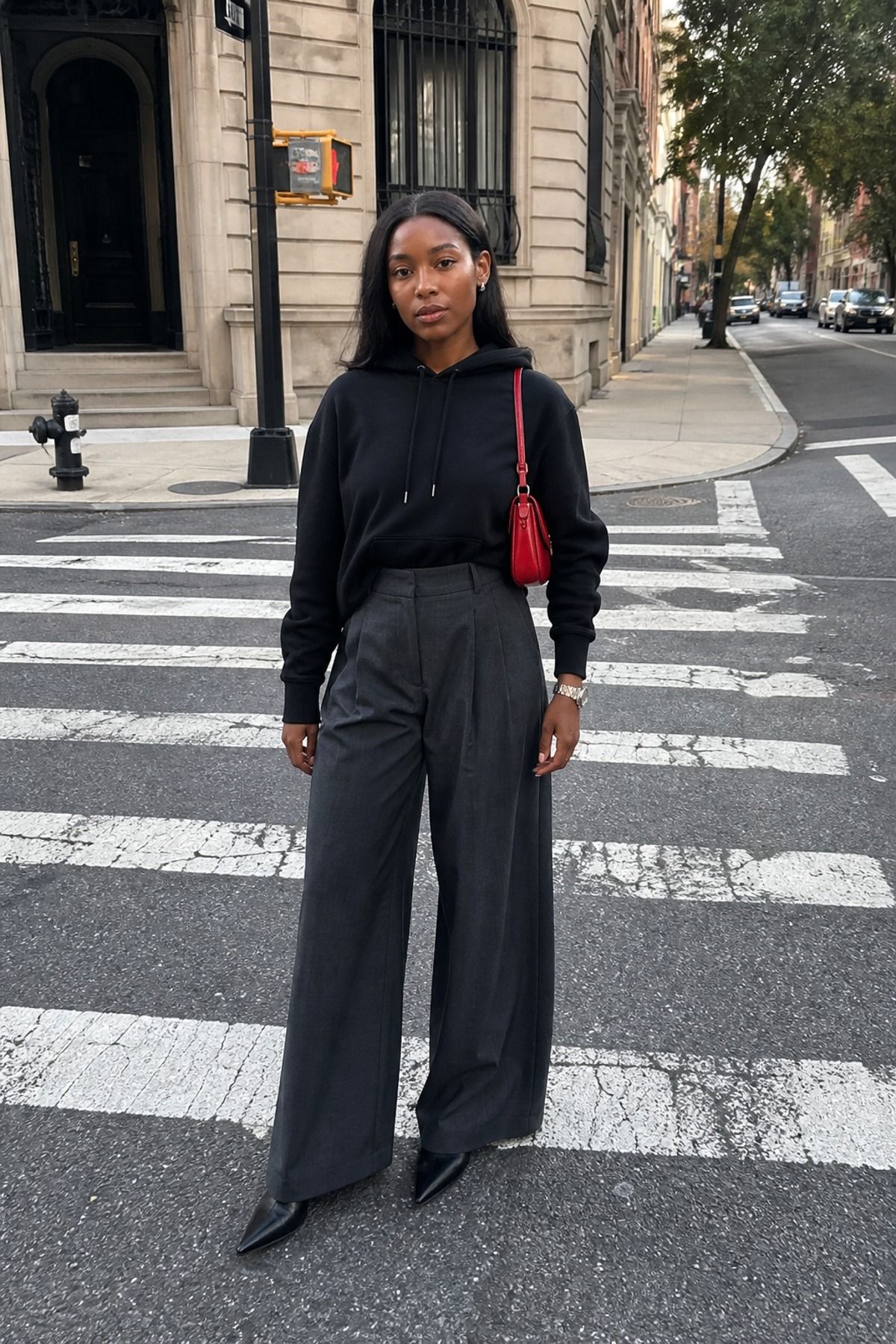 Woman wearing a black hoodie with wide-leg trousers