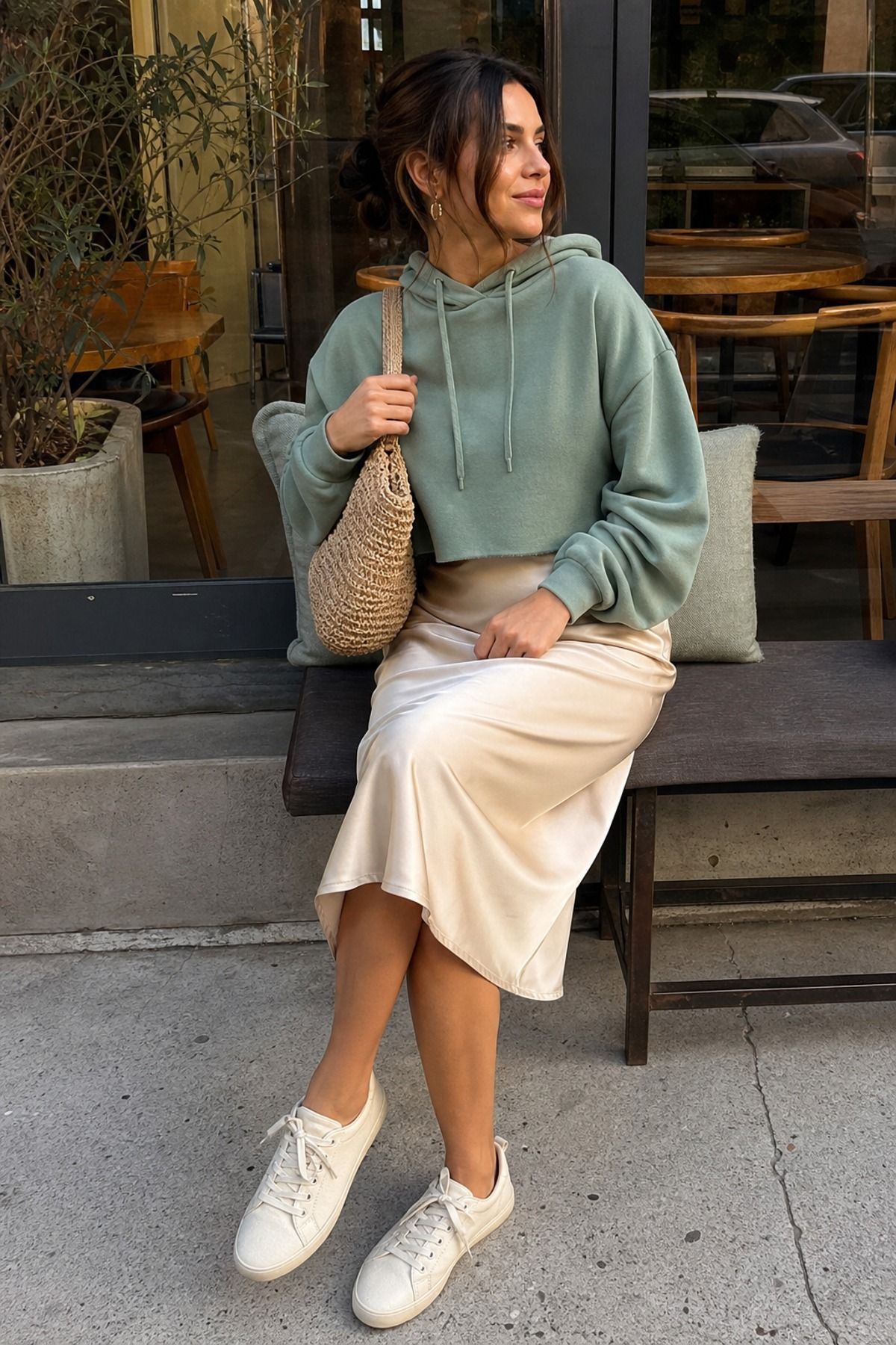 Woman wearing a cropped hoodie with a slip skirt