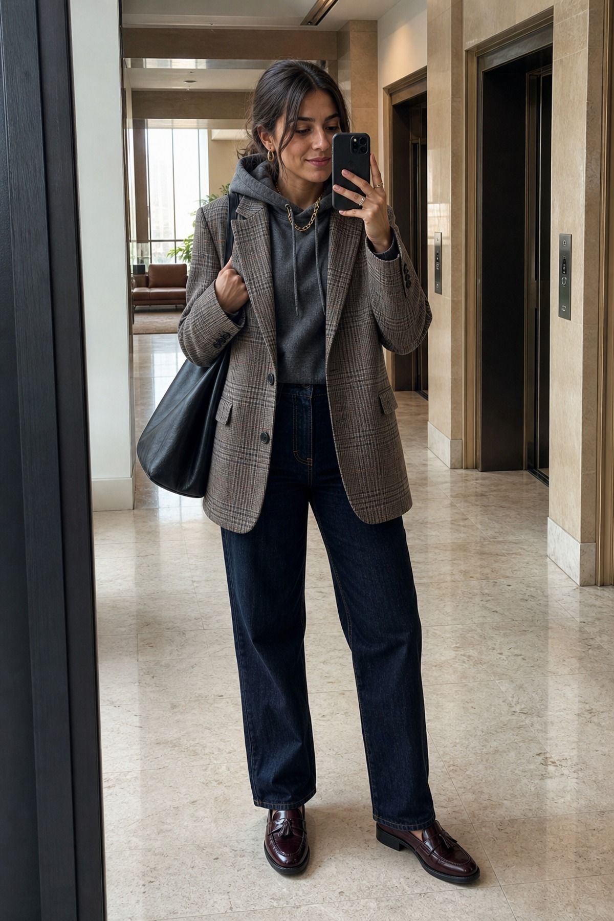 Woman wearing a hoodie with a blazer and dark denim