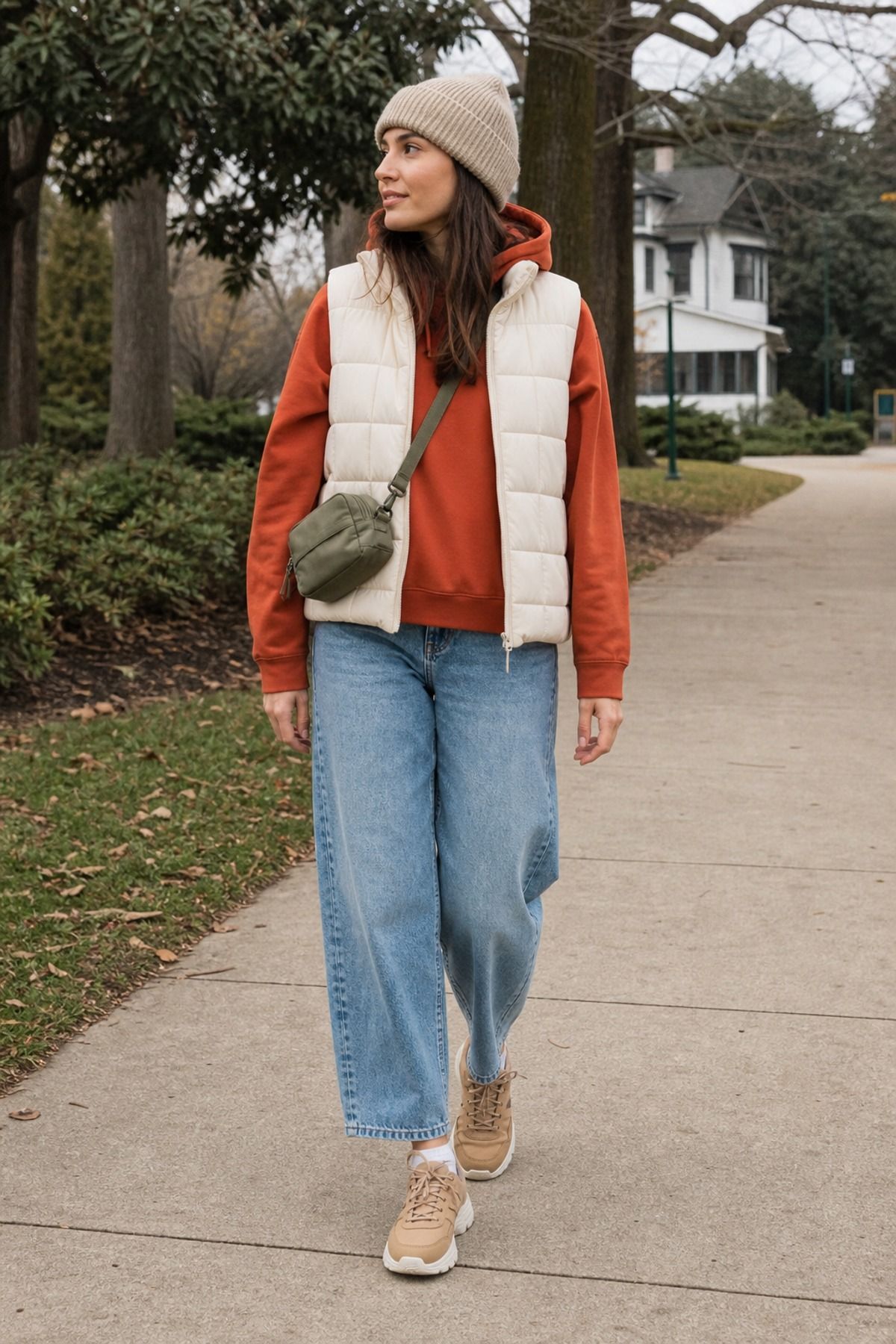 Woman wearing a hoodie with a puffer vest