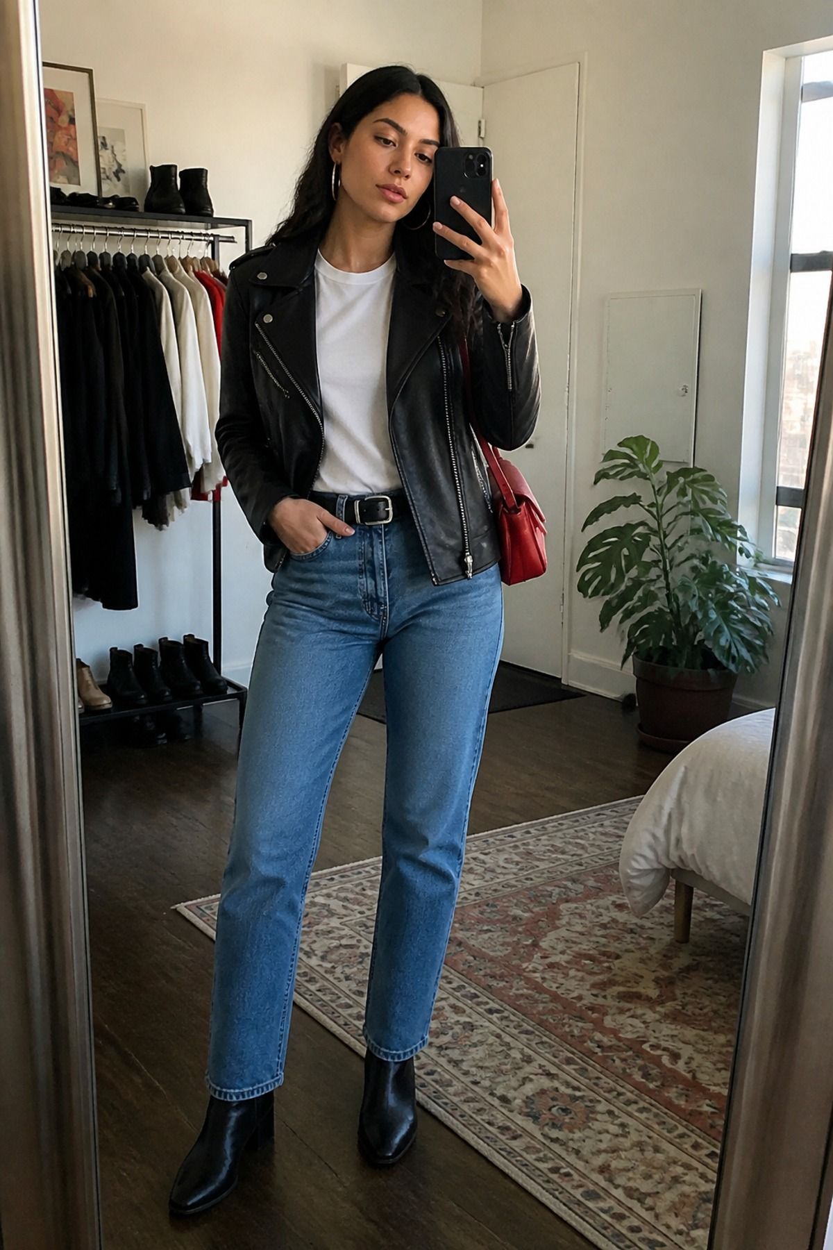 Woman wearing a black leather jacket with straight jeans and a white tee