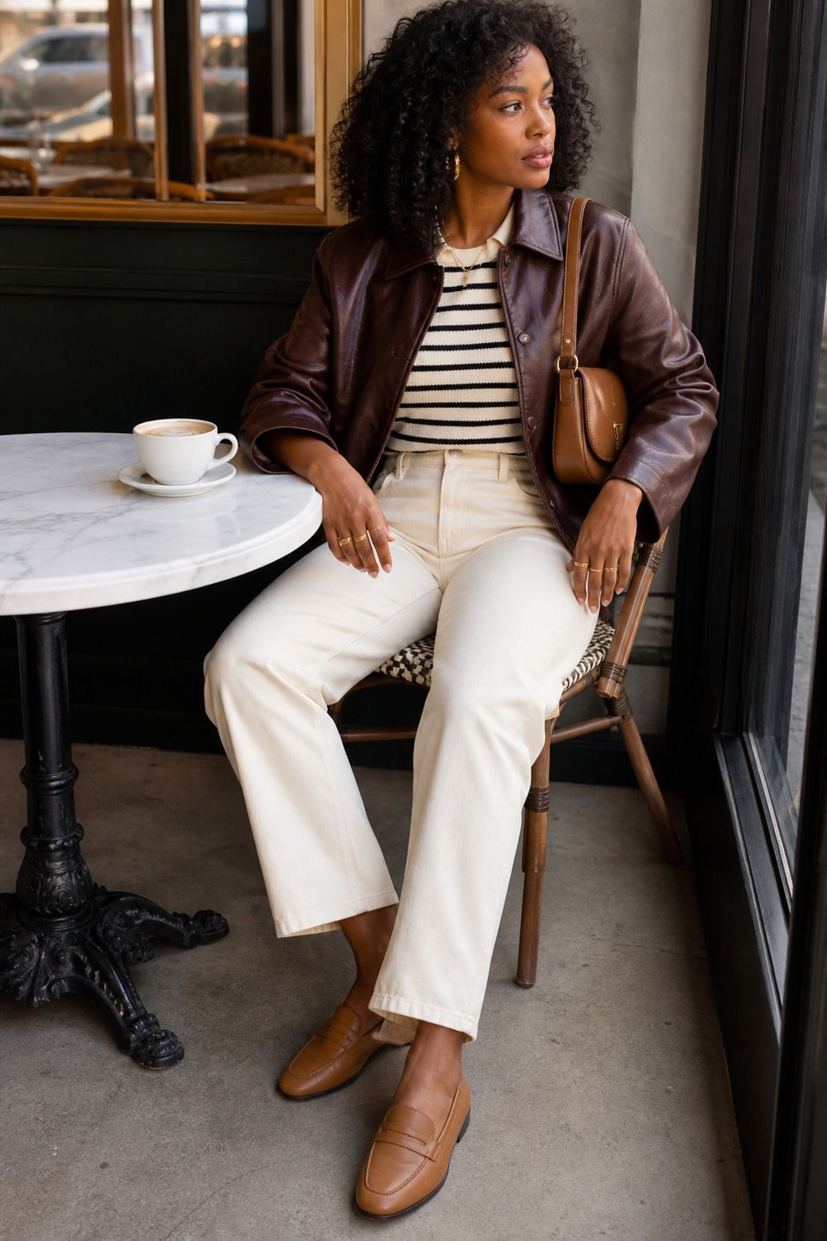 Woman wearing a brown leather jacket with cream jeans
