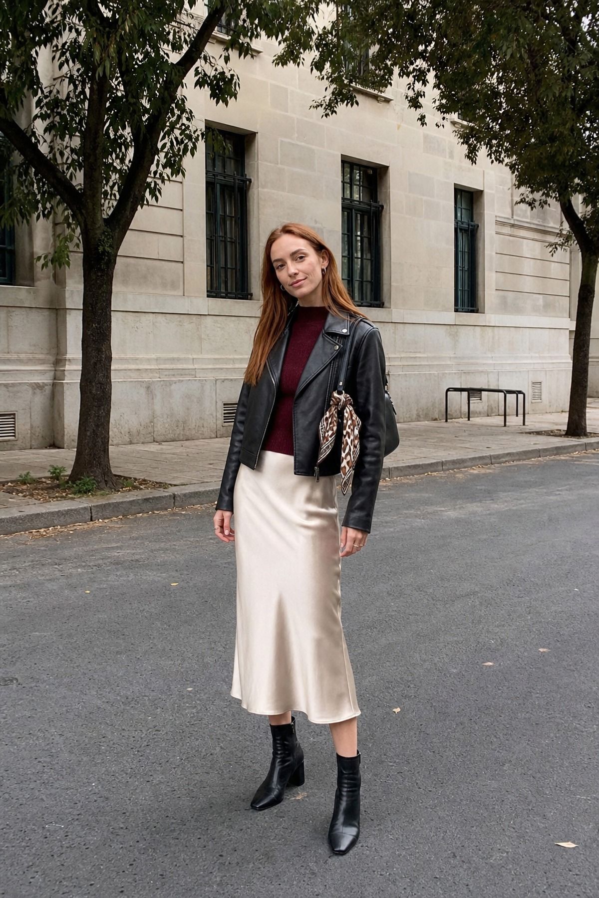 Woman wearing a leather jacket with a midi skirt