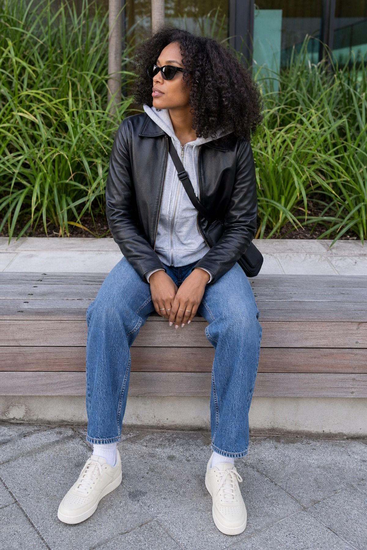 Woman wearing a leather jacket over a hoodie and jeans