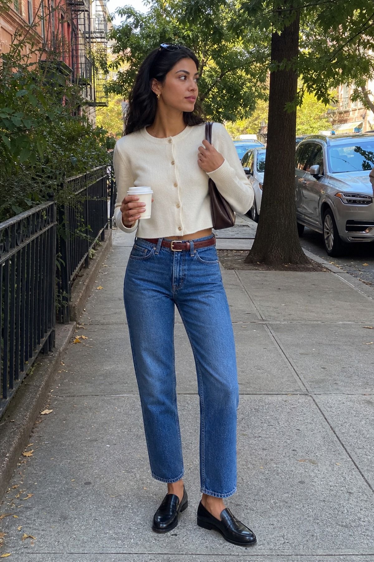 Woman wearing straight jeans with loafers