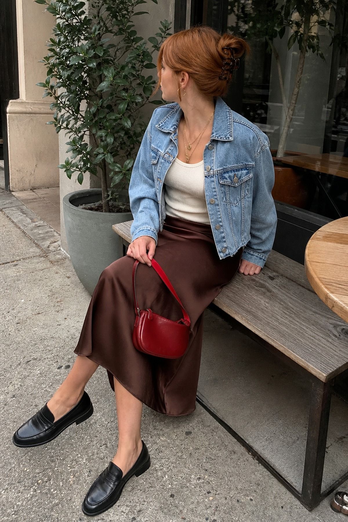 Woman wearing a midi skirt with loafers