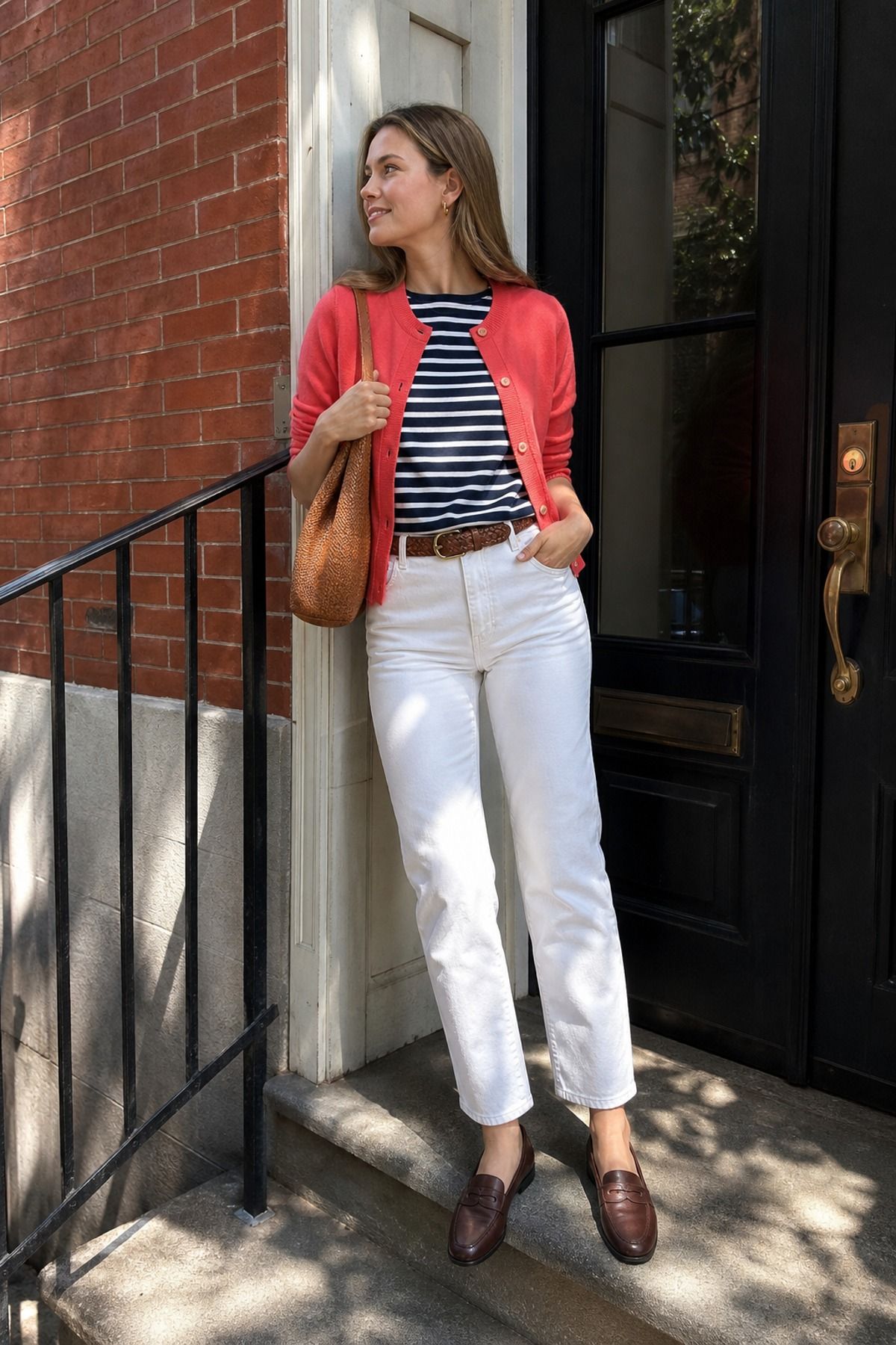 Woman wearing white jeans with loafers