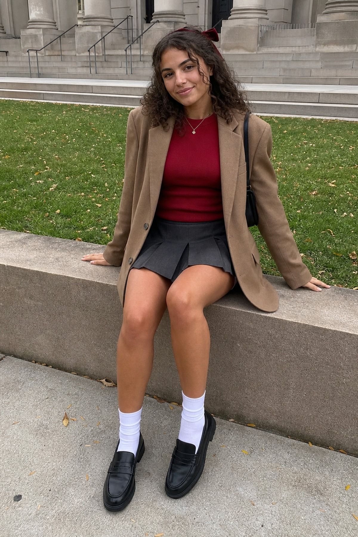 Woman wearing a mini skirt with loafers