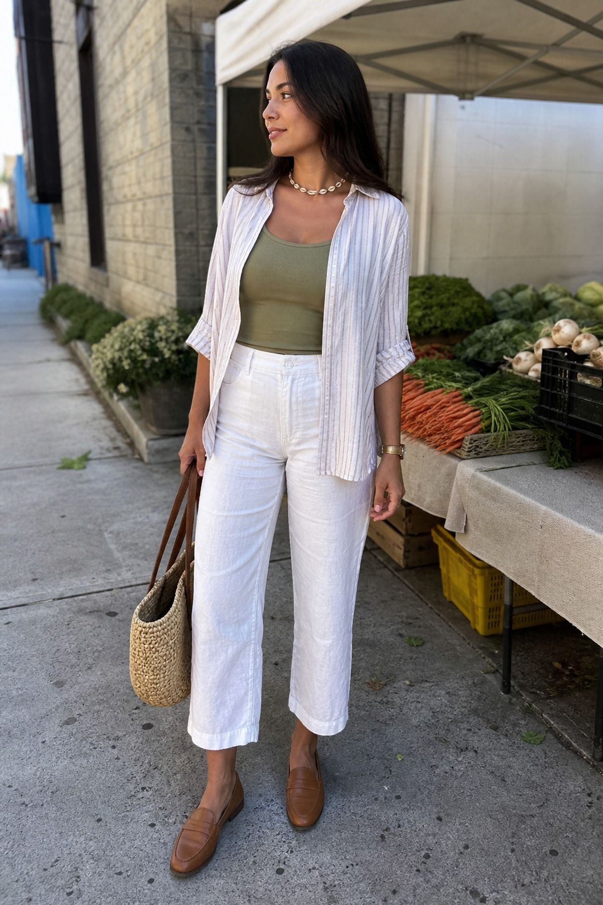 Woman wearing linen pants with loafers