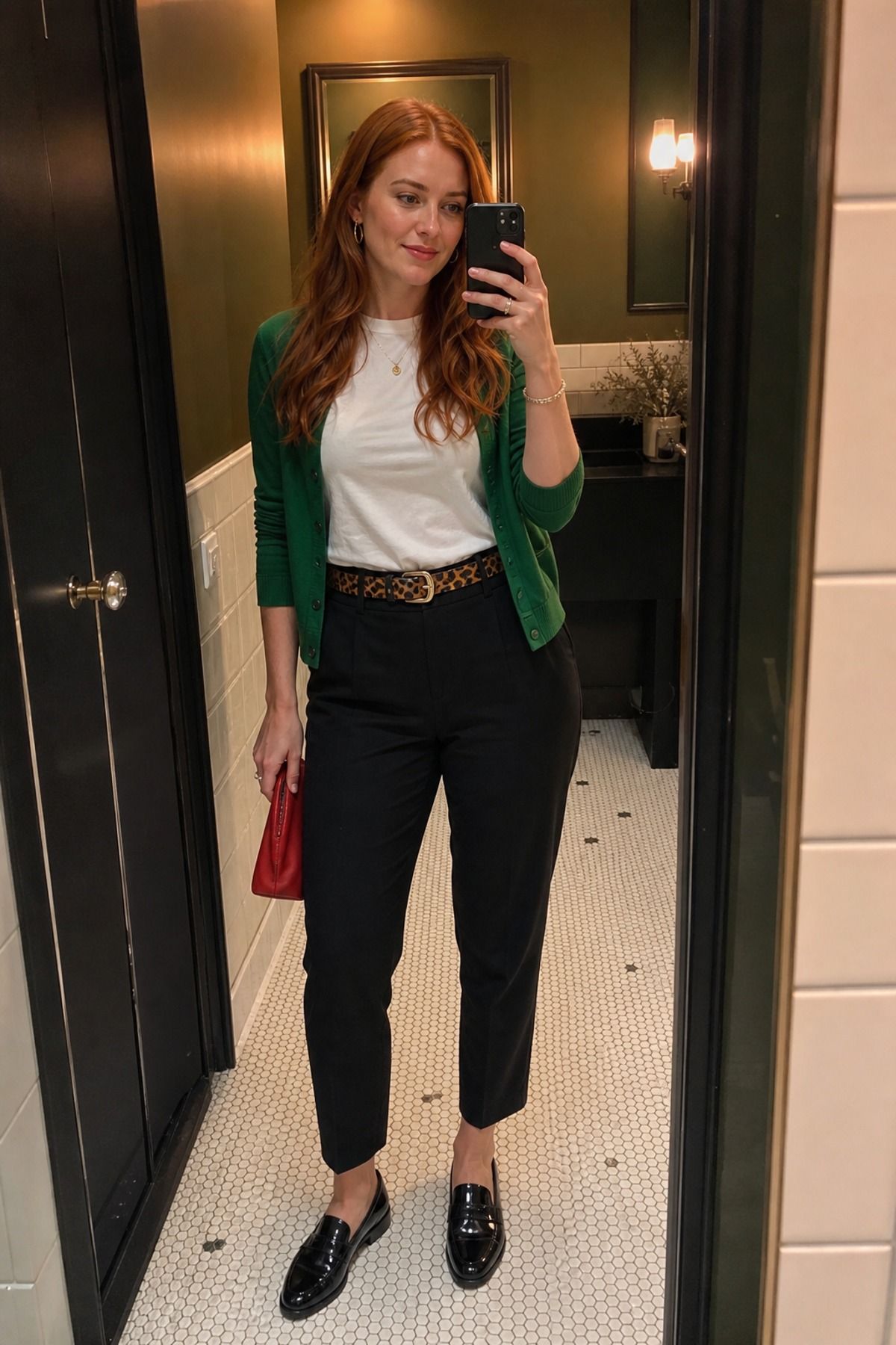 Woman wearing black trousers with loafers