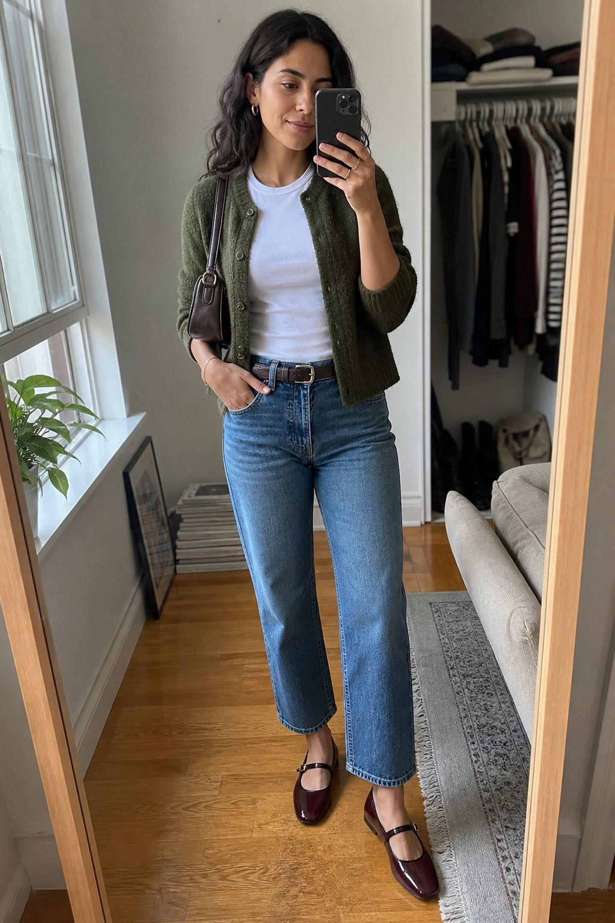 Woman wearing straight jeans with Mary Janes