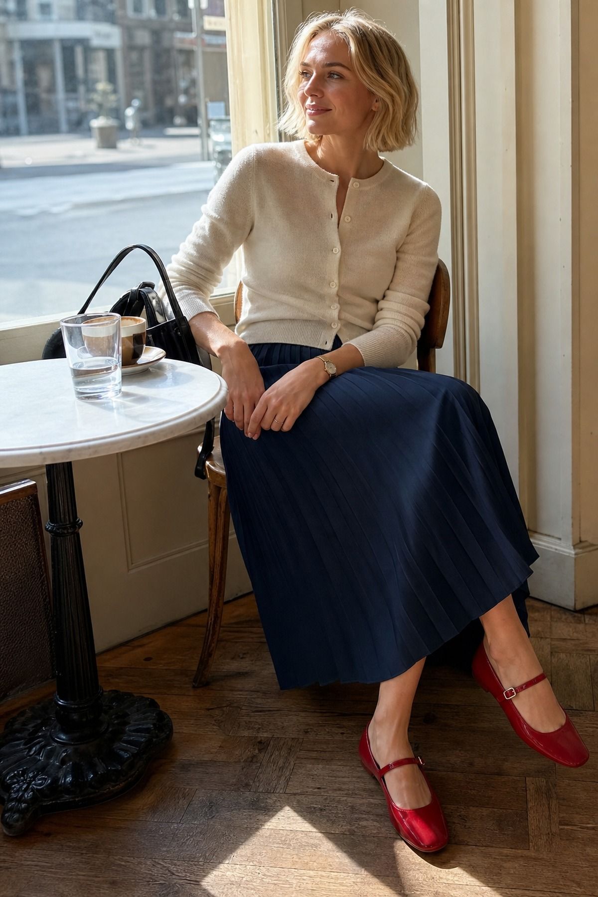 Woman wearing a midi skirt with Mary Janes