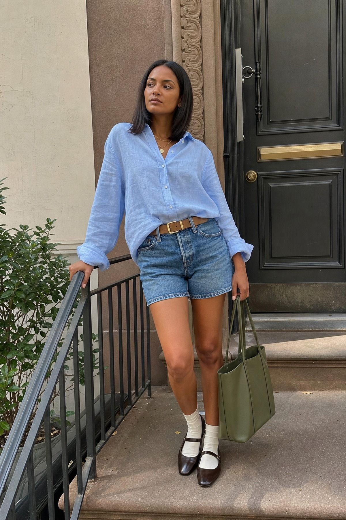 Woman wearing denim shorts with Mary Janes