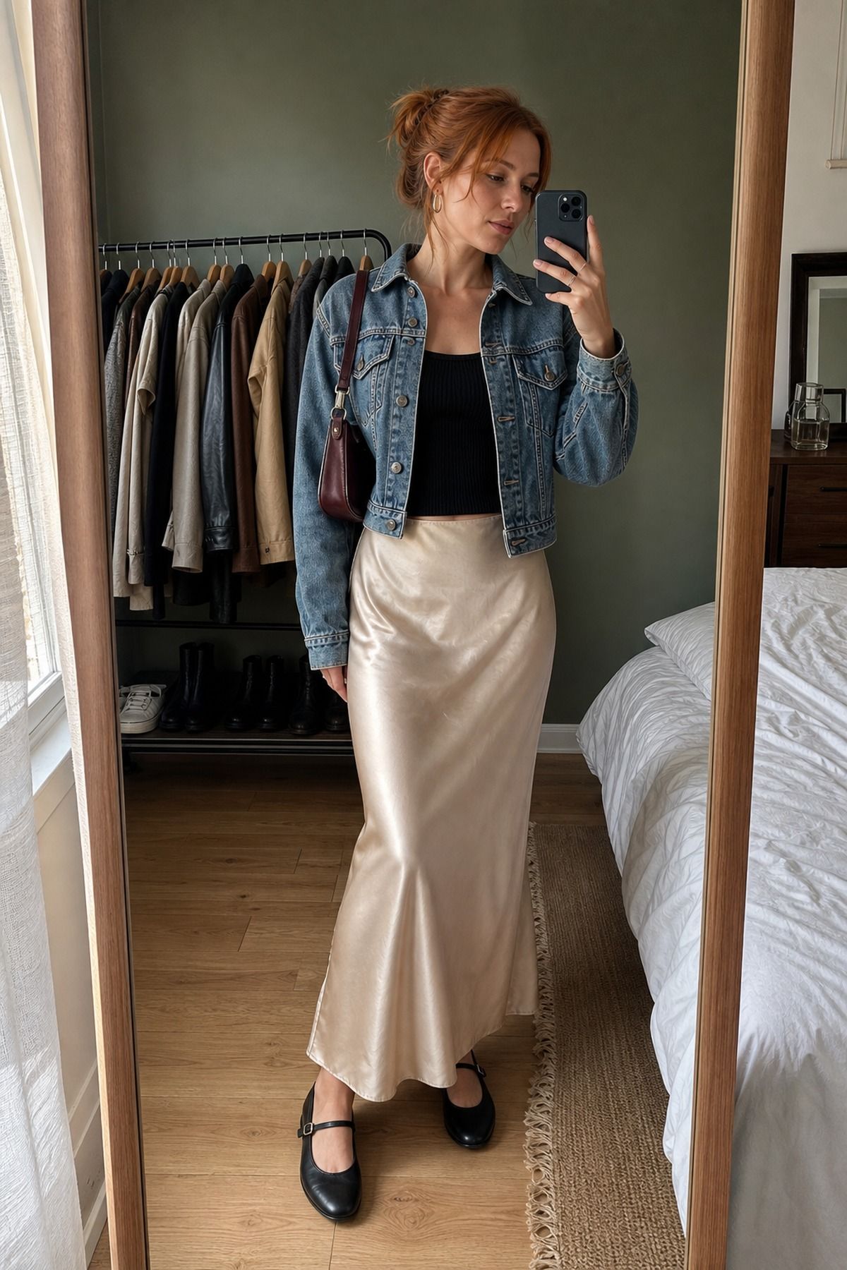 Woman wearing a slip skirt with Mary Janes