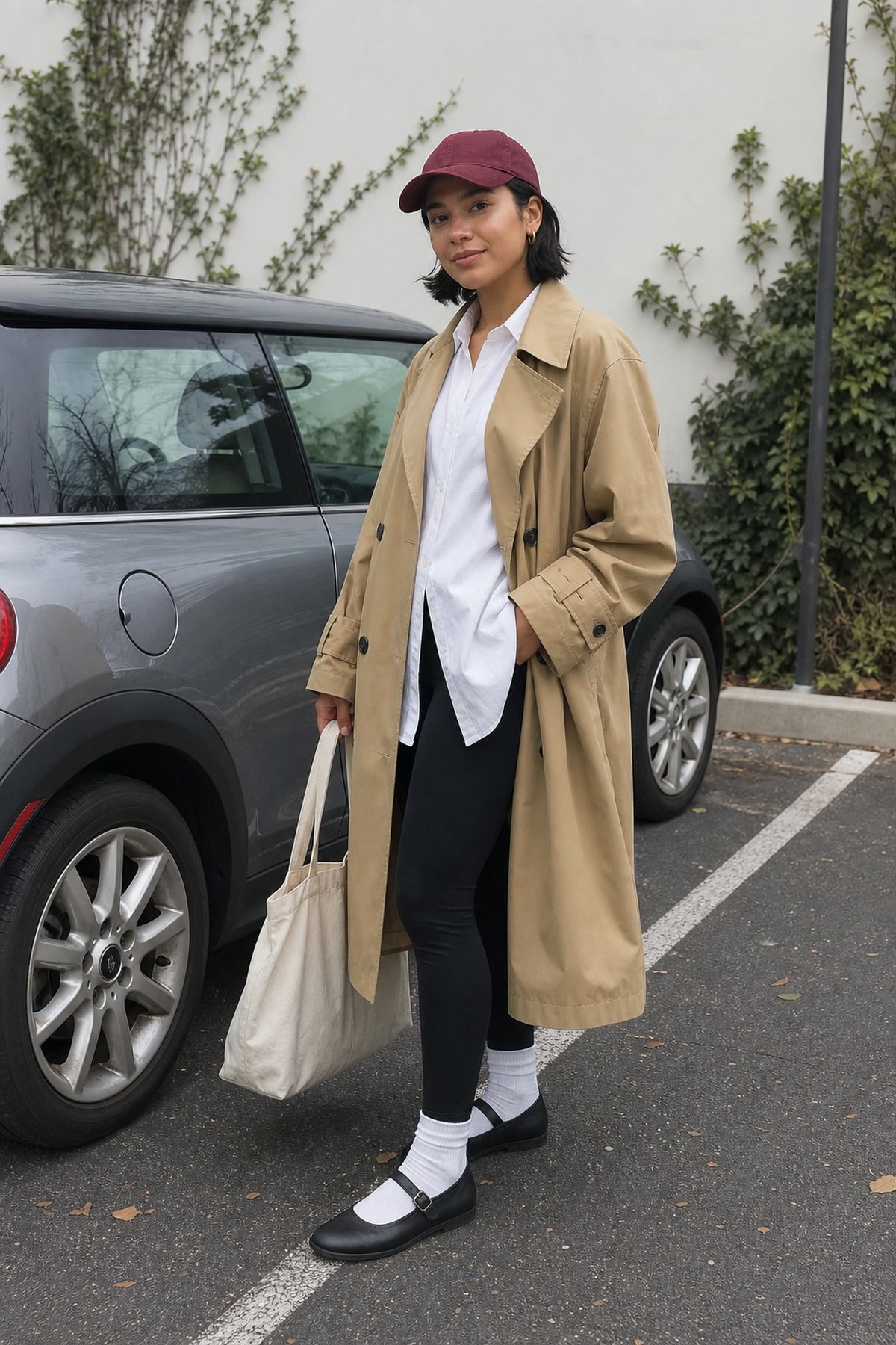 Woman wearing leggings with Mary Janes