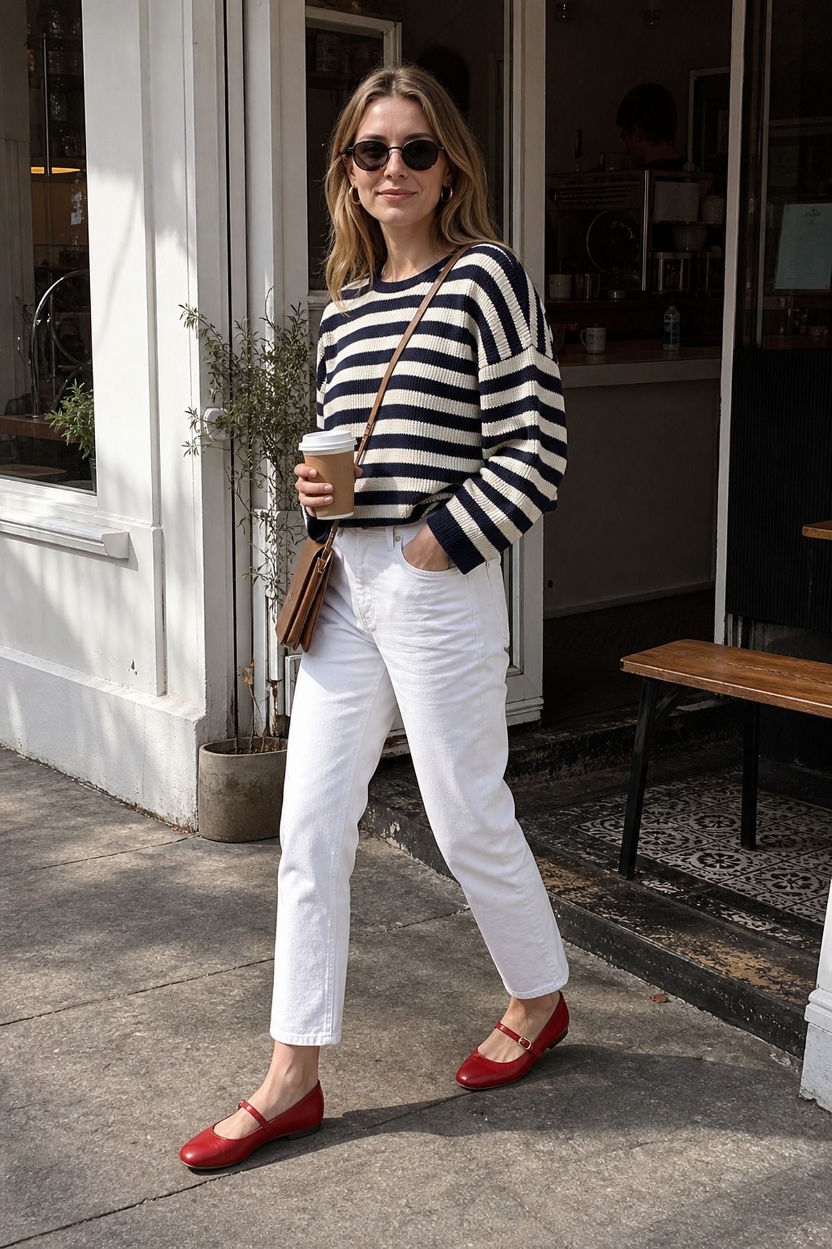 Woman wearing white jeans with Mary Janes
