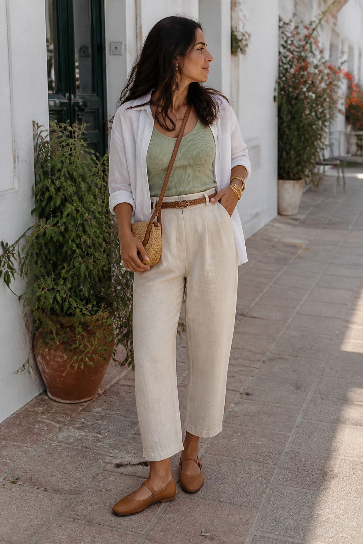 Woman wearing linen pants with Mary Janes