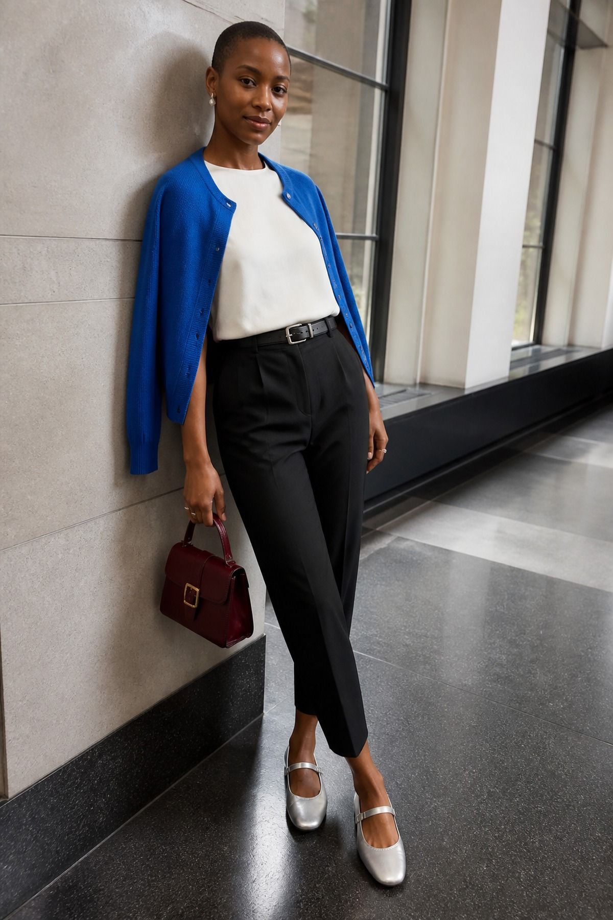 Woman wearing black trousers with Mary Janes