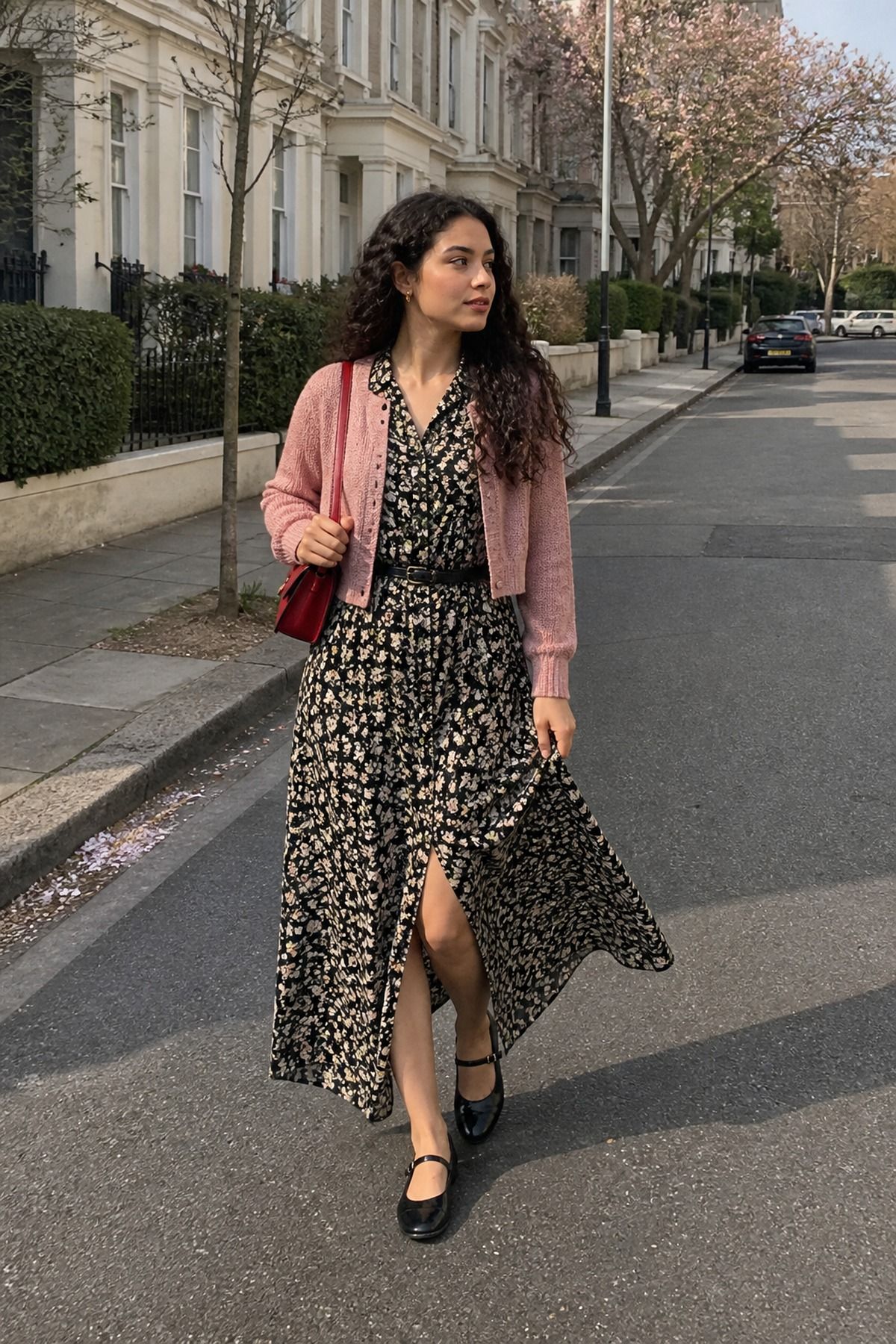 Woman wearing a maxi dress with Mary Janes