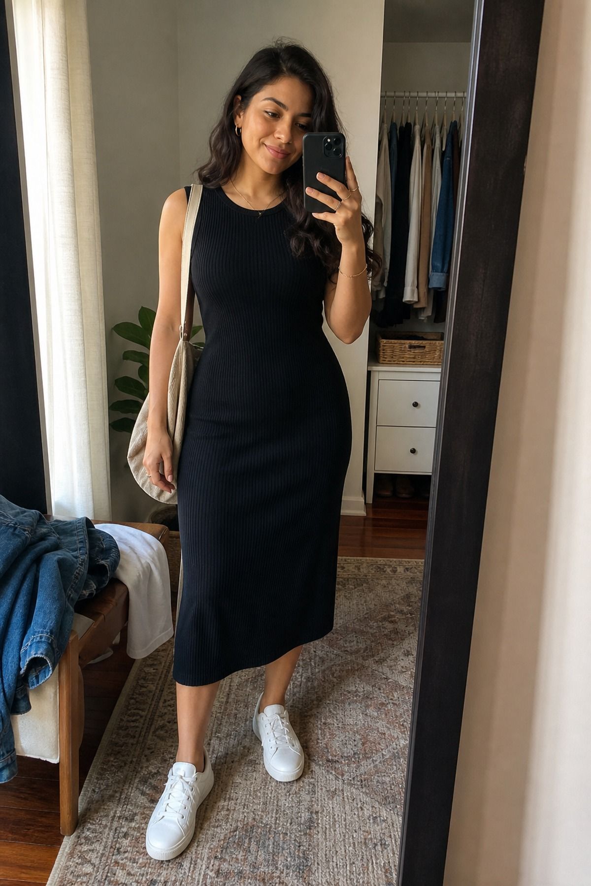 Midi Dress with White Sneakers outfit idea for 21 Best Midi Dress Outfit Ideas for Easy Everyday Polish.