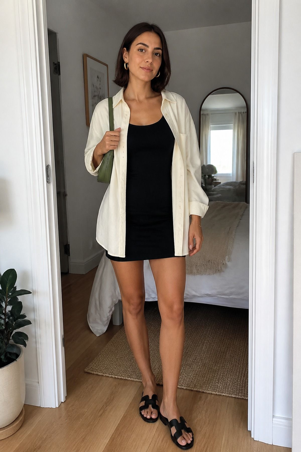 Woman wearing an oversized shirt over a tank dress