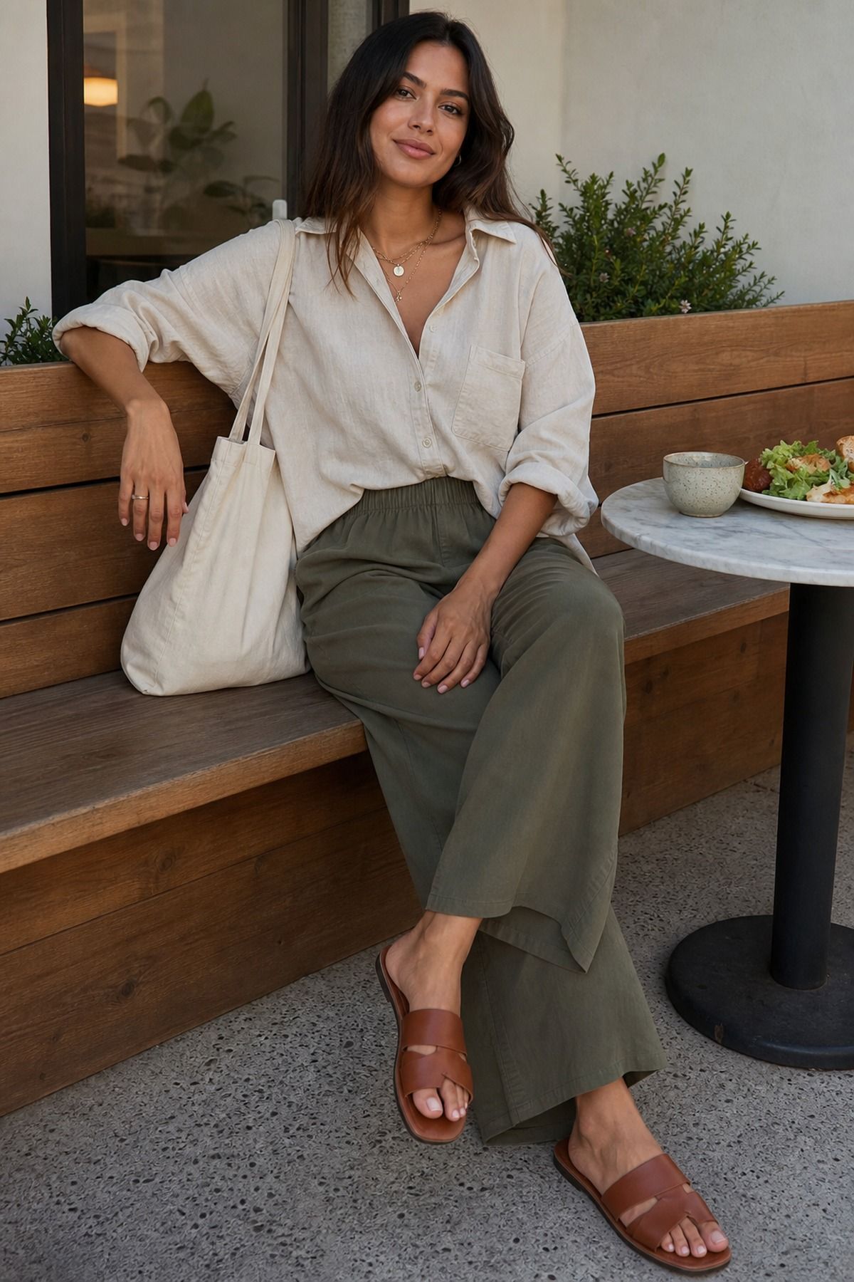 Woman wearing an oversized linen shirt with pull-on pants