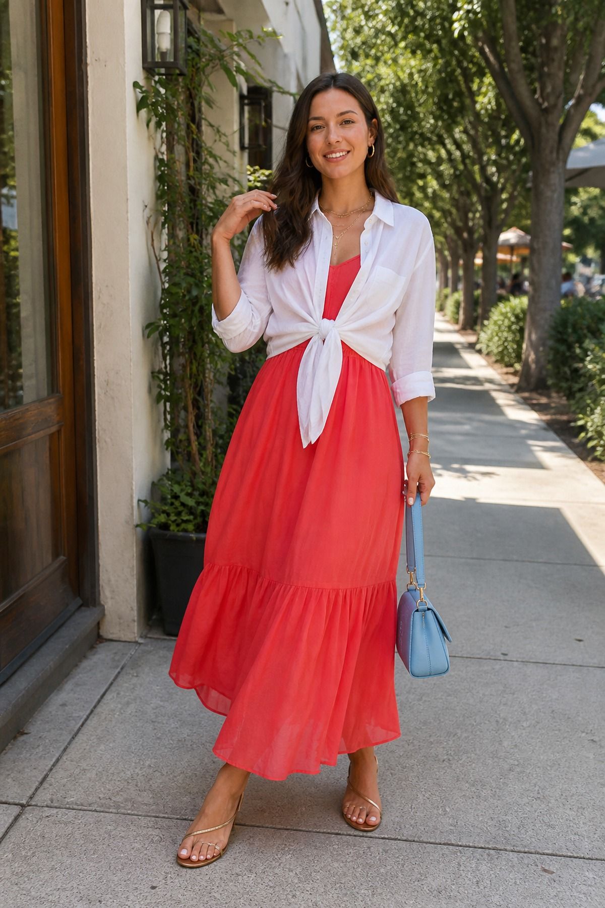 Woman wearing an oversized shirt tied over a sundress
