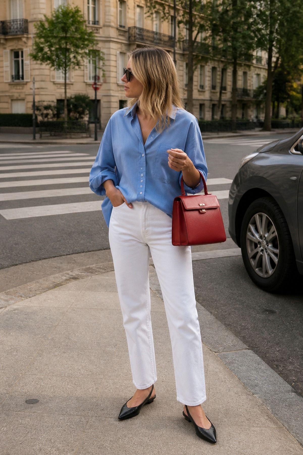 Woman wearing an oversized shirt with white jeans