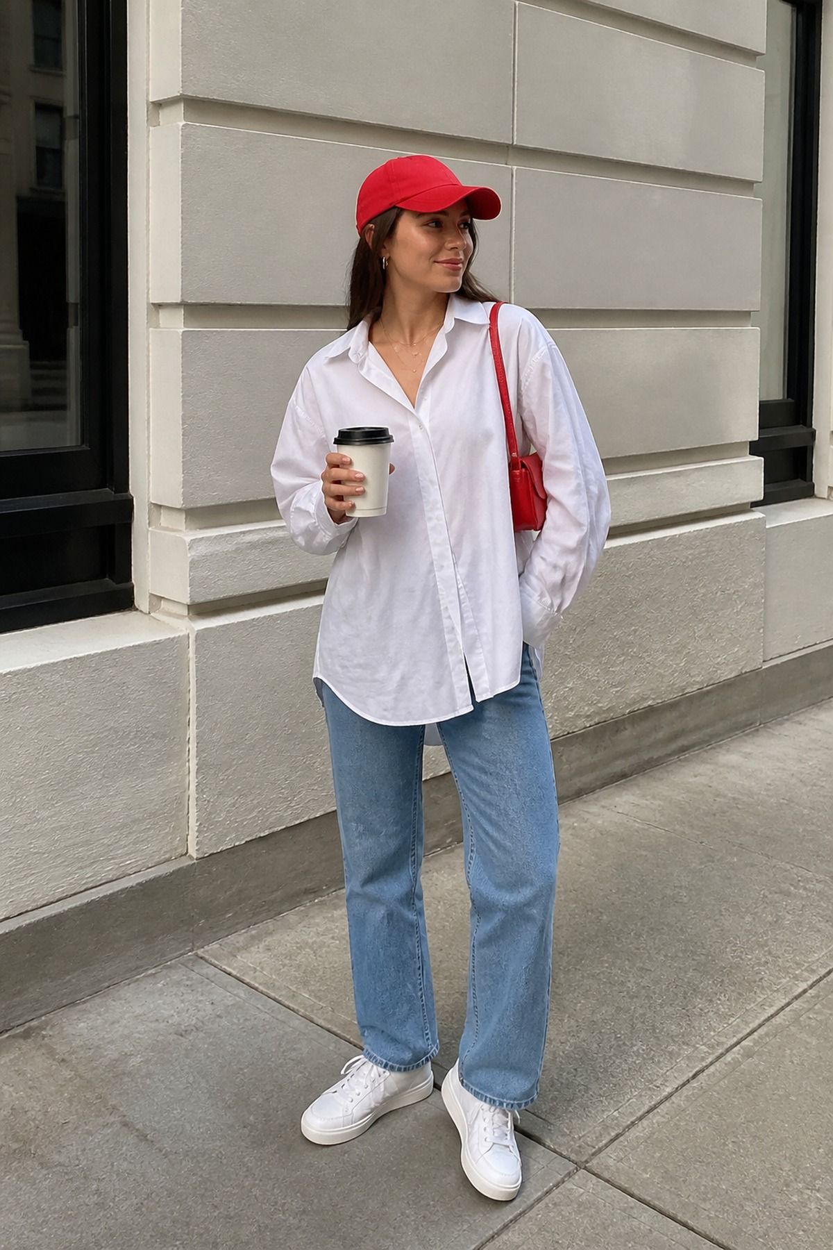 Woman wearing an oversized shirt with a baseball cap