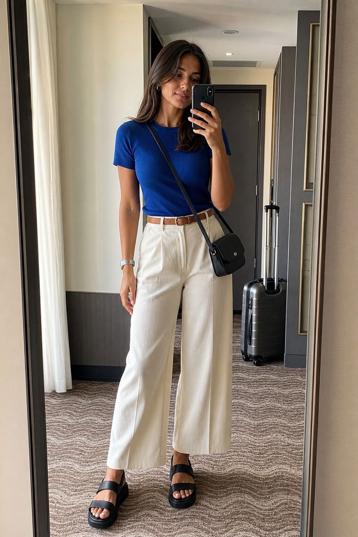 Woman wearing wide-leg trousers with sandals