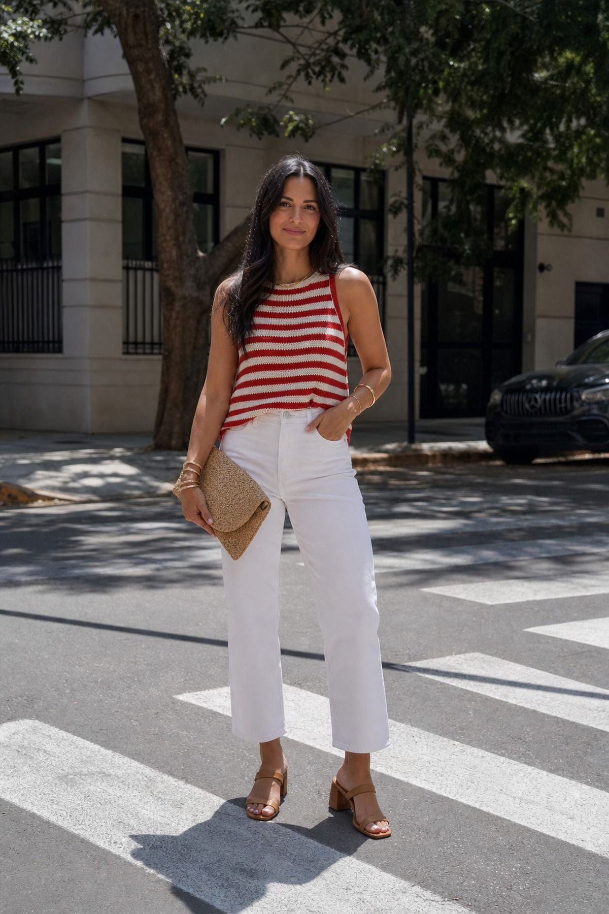 Woman wearing white jeans with sandals