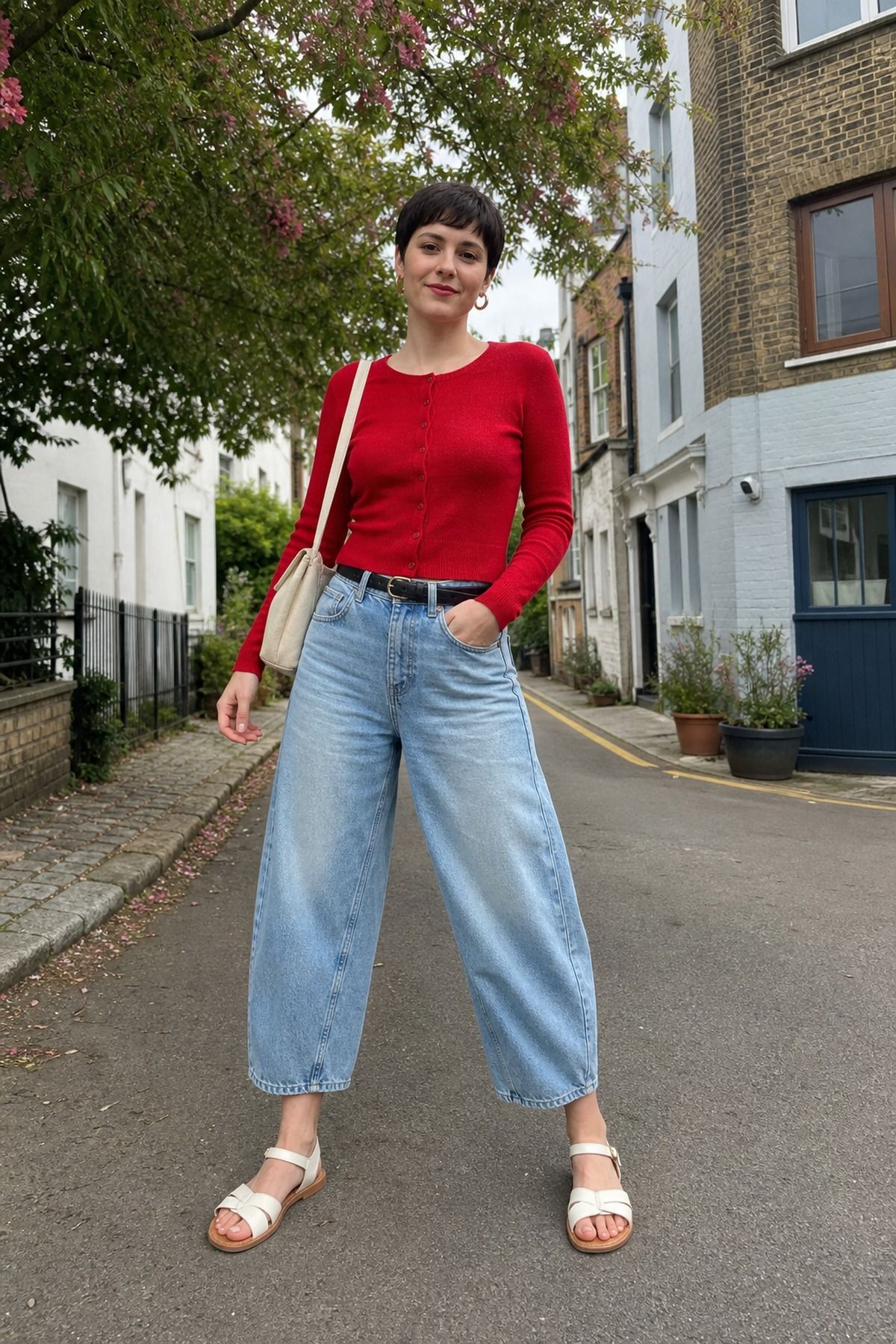 Woman wearing barrel jeans with sandals