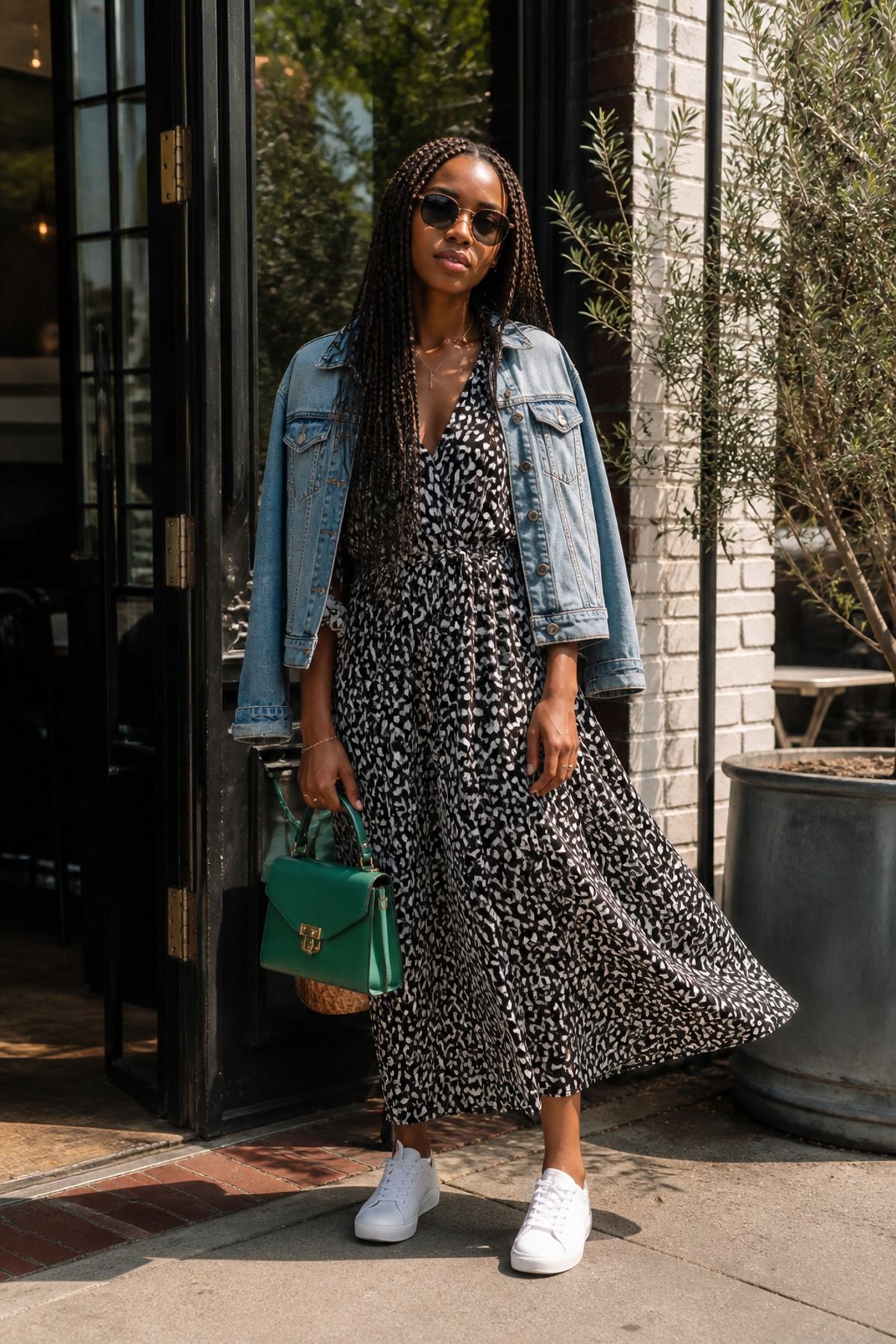 Woman wearing a maxi dress with sneakers