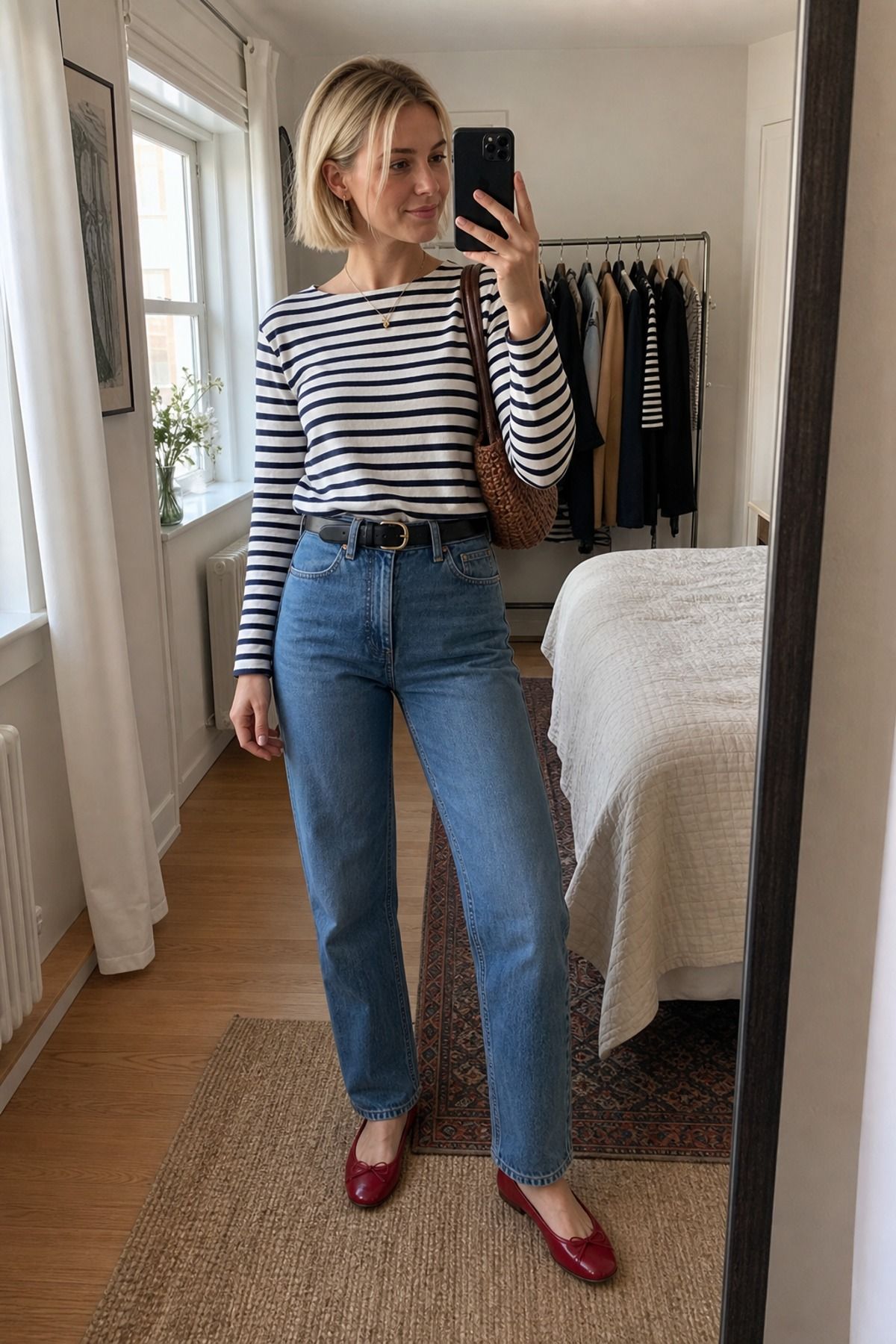 Woman wearing a Breton striped shirt with straight jeans