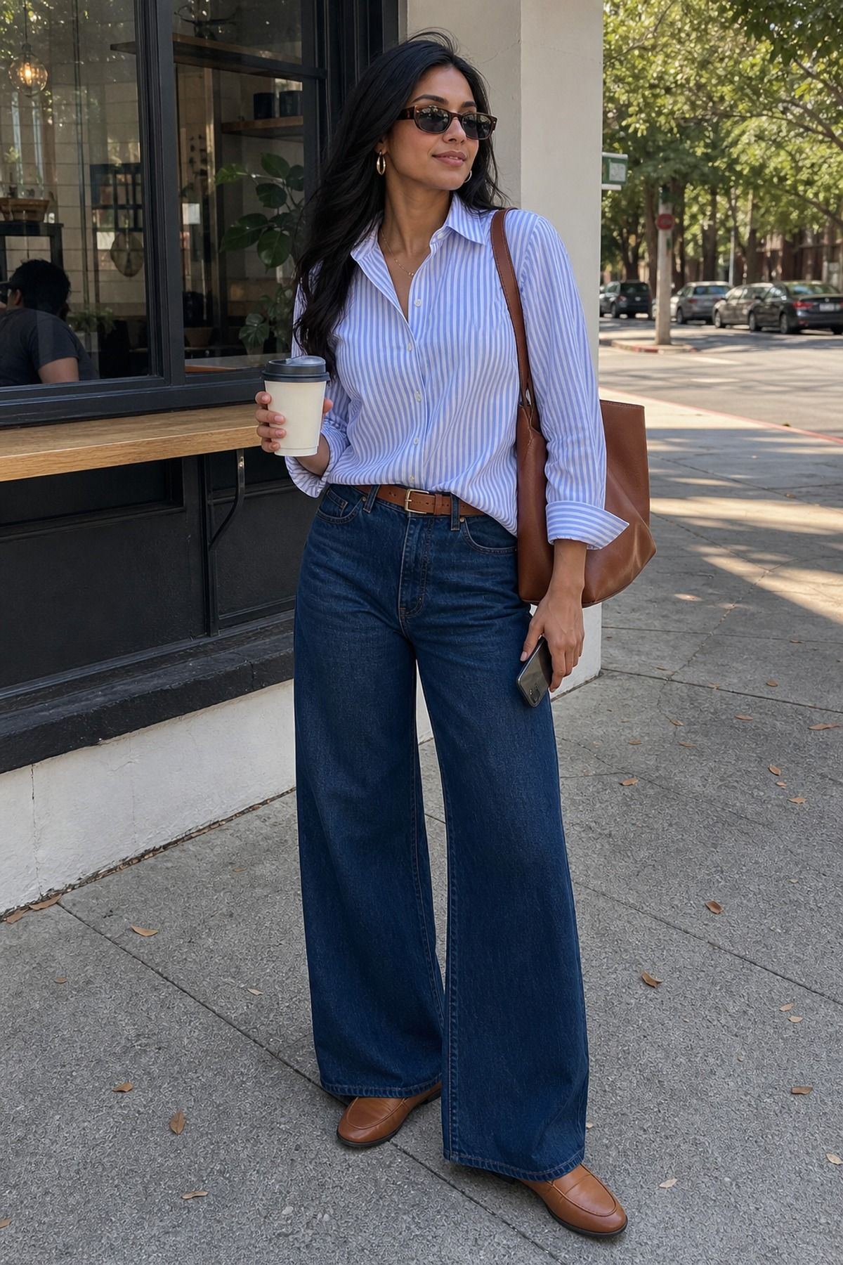 Woman wearing a blue striped button-down shirt with wide-leg jeans