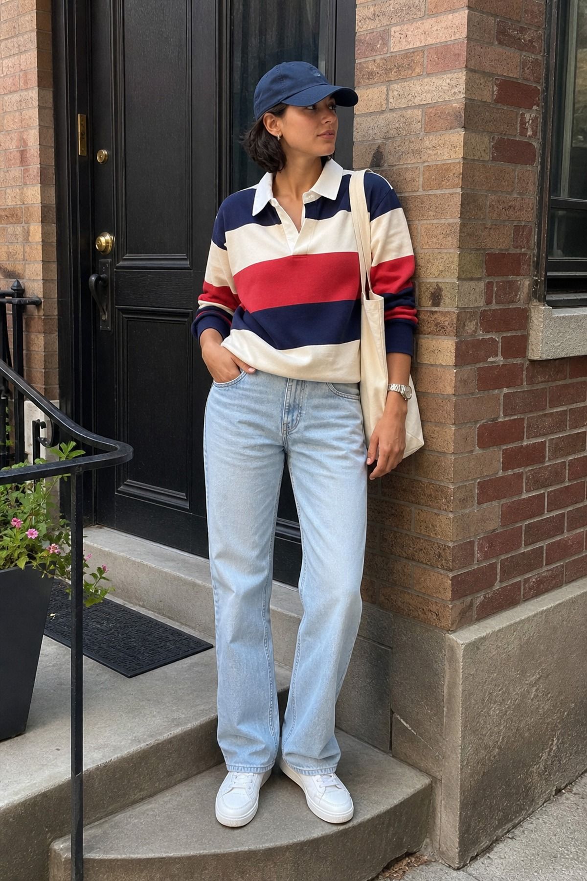Woman wearing a rugby striped shirt with relaxed denim