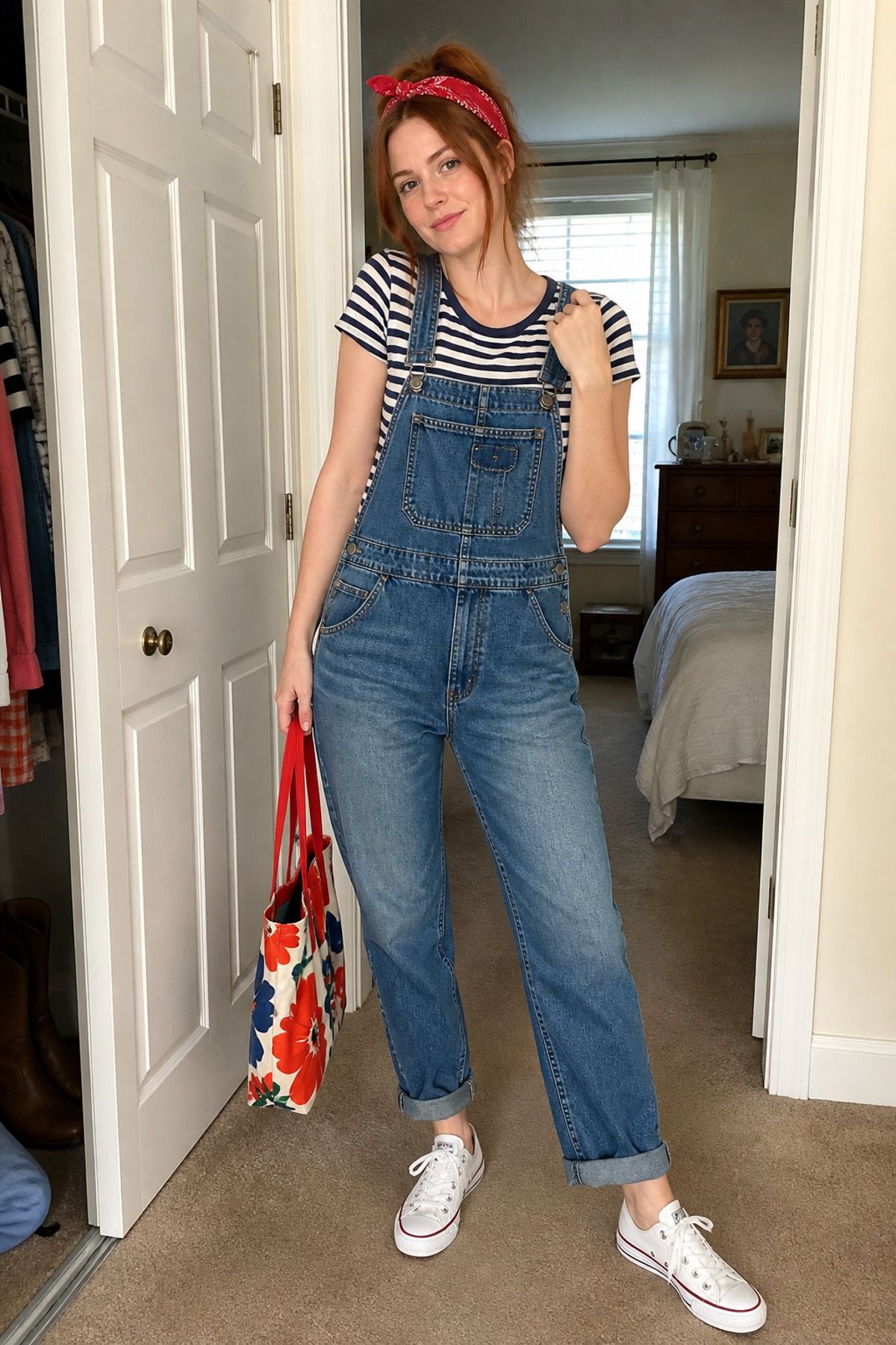 Woman wearing a striped shirt with denim overalls