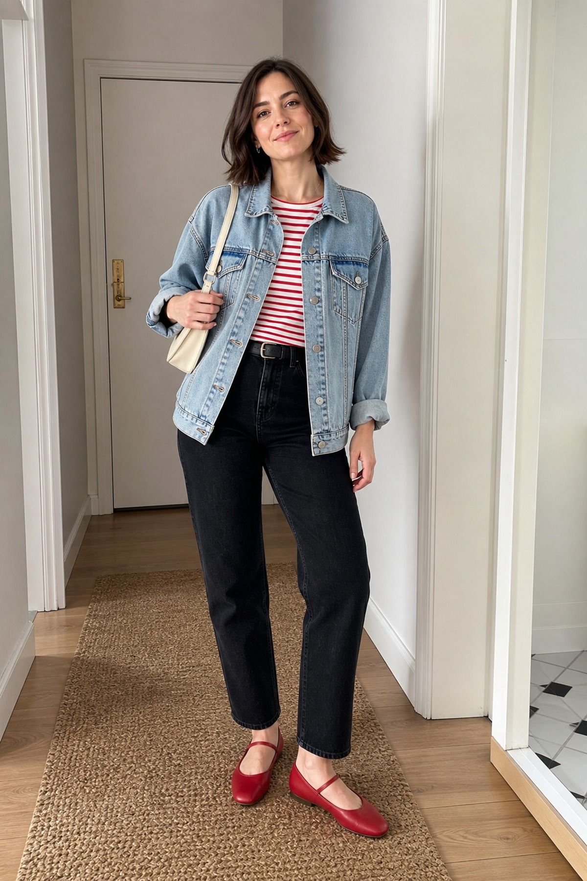 Woman wearing a striped shirt with a denim jacket
