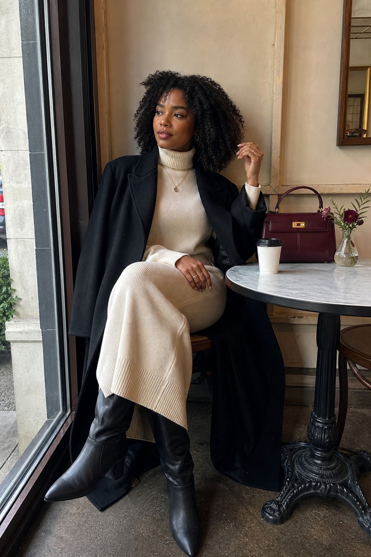 Woman wearing a turtleneck sweater dress with a long coat