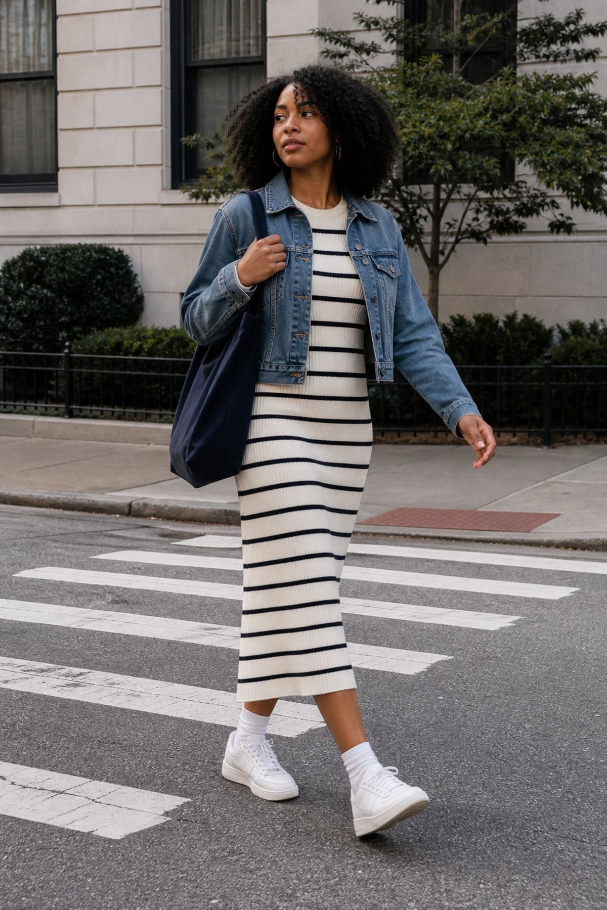Woman wearing a striped sweater dress with sneakers