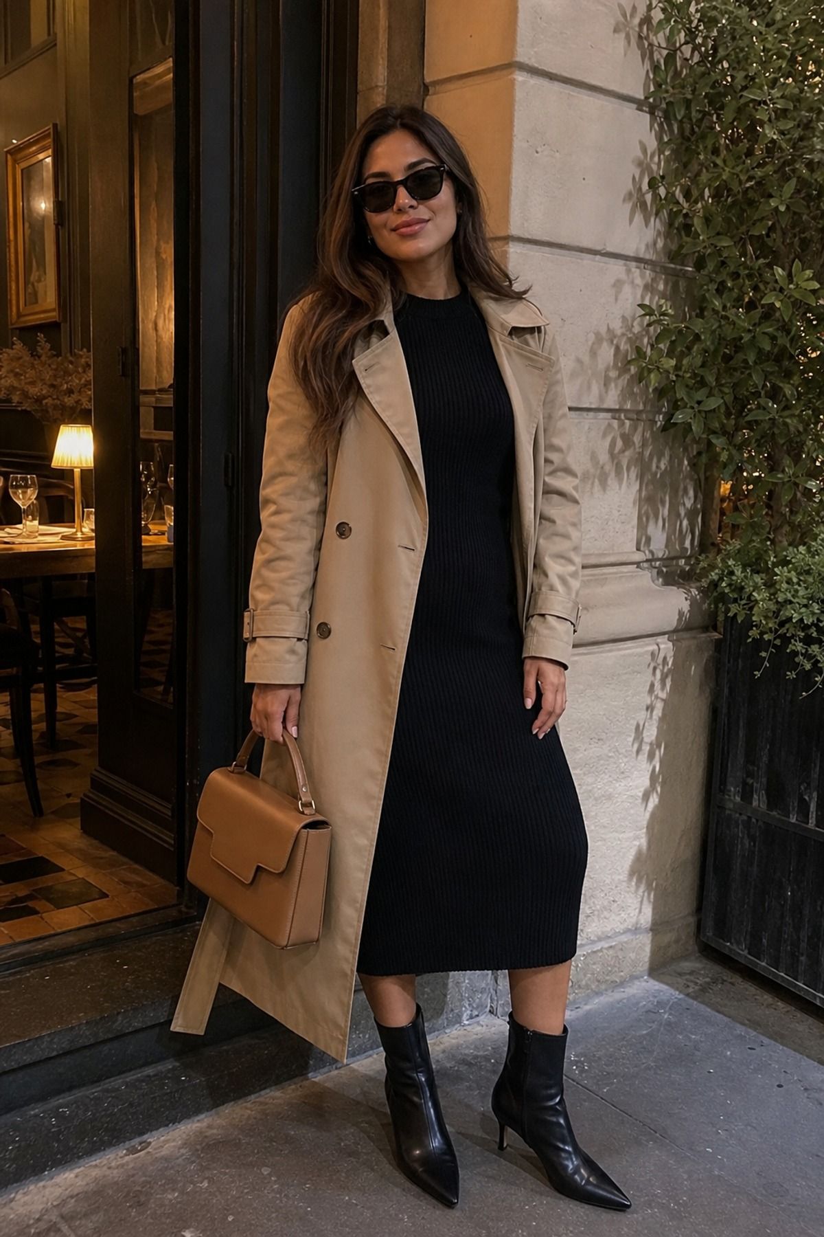 Woman wearing a sweater dress with a trench coat