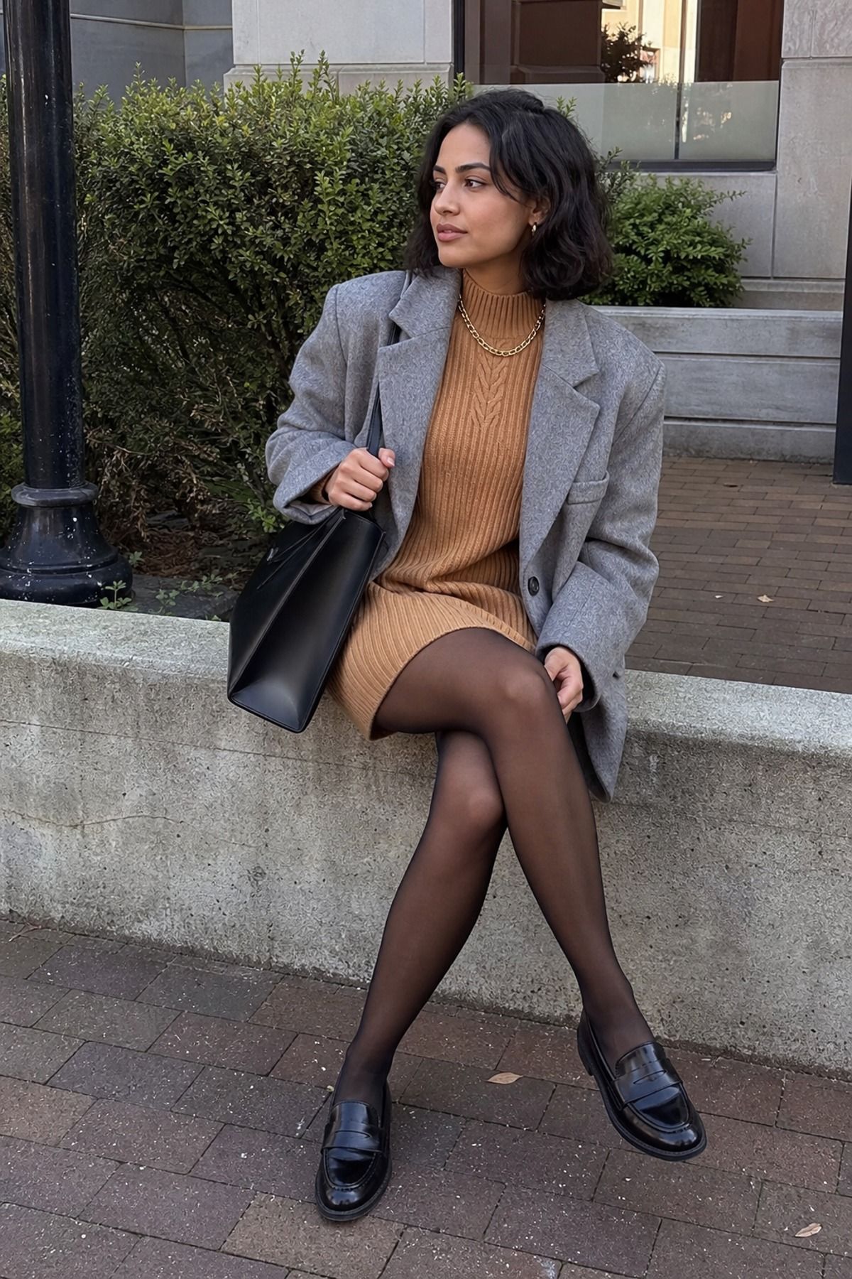 Woman wearing a sweater dress with a blazer