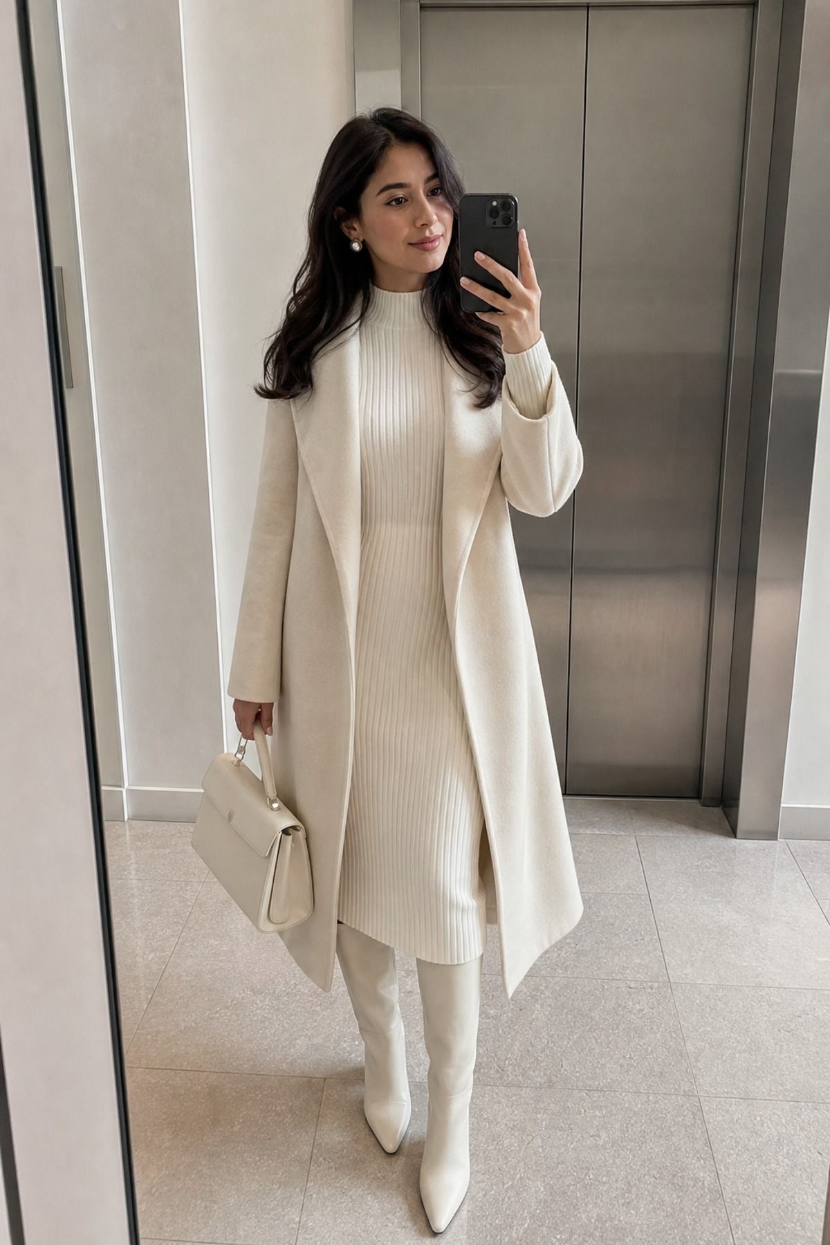 Woman wearing a monochrome sweater dress outfit