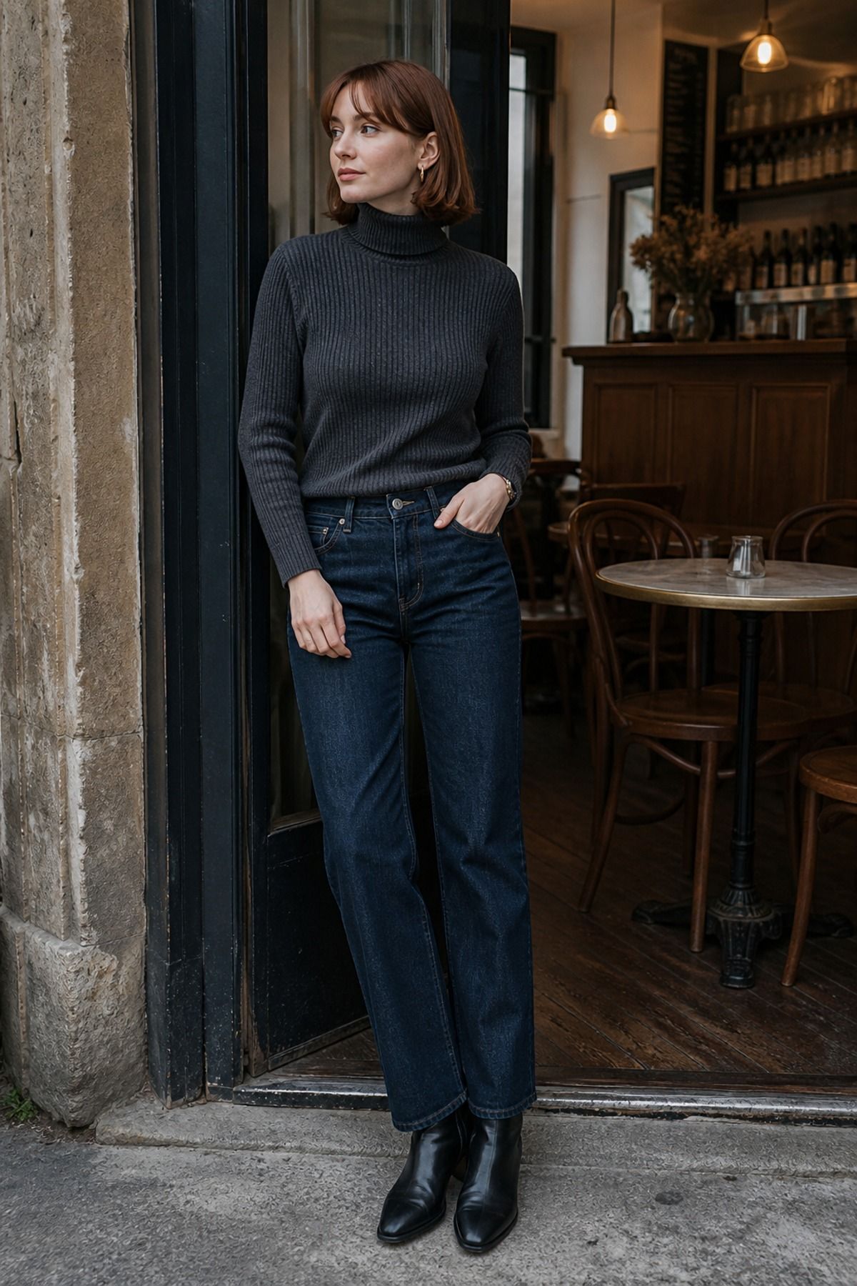 Woman in a charcoal ribbed turtleneck, dark indigo straight jeans and black ankle boots in a cafe doorway