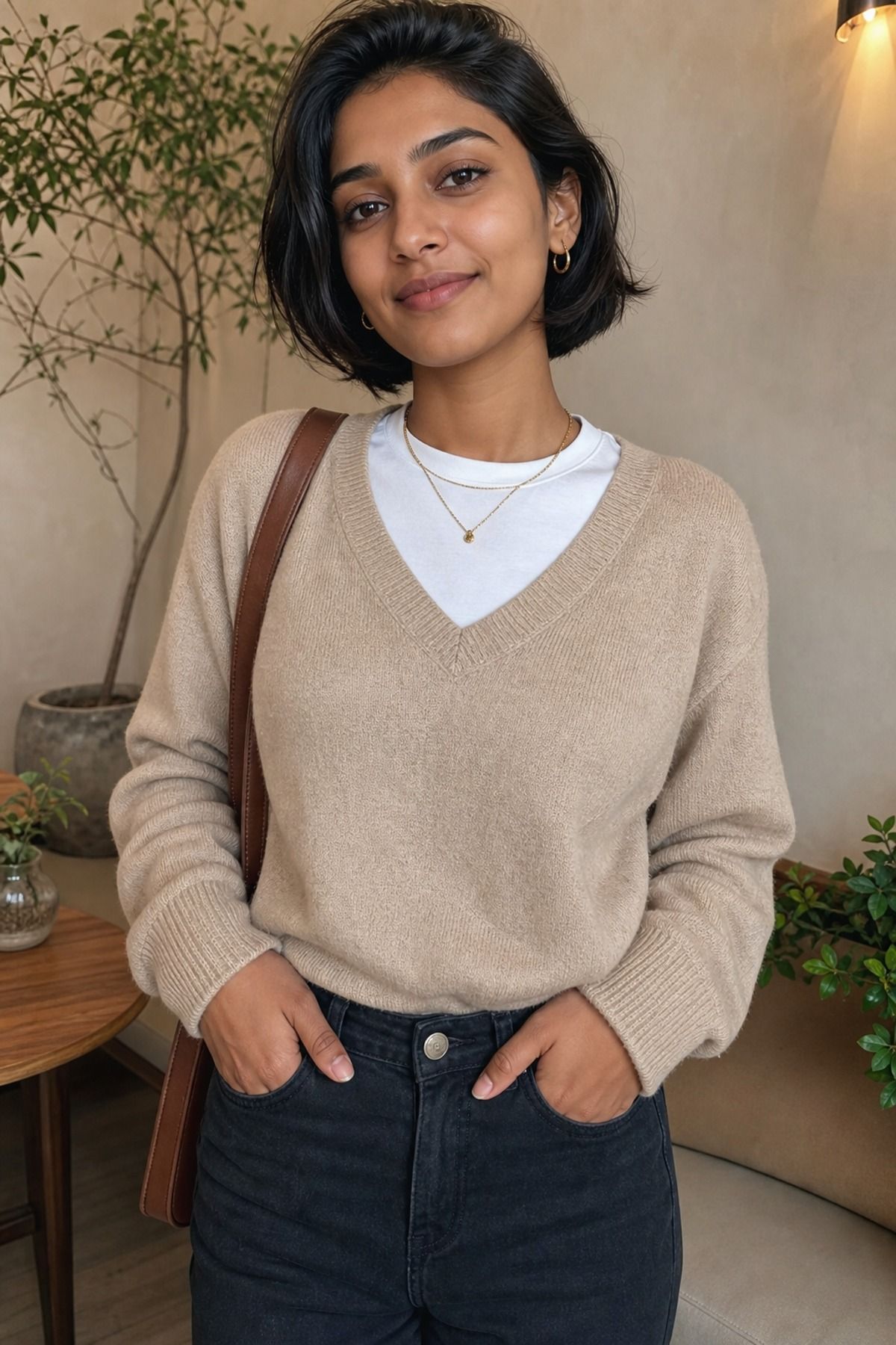 Woman in a beige V-neck sweater over a white T-shirt with black jeans, a gold necklace and a brown bag strap